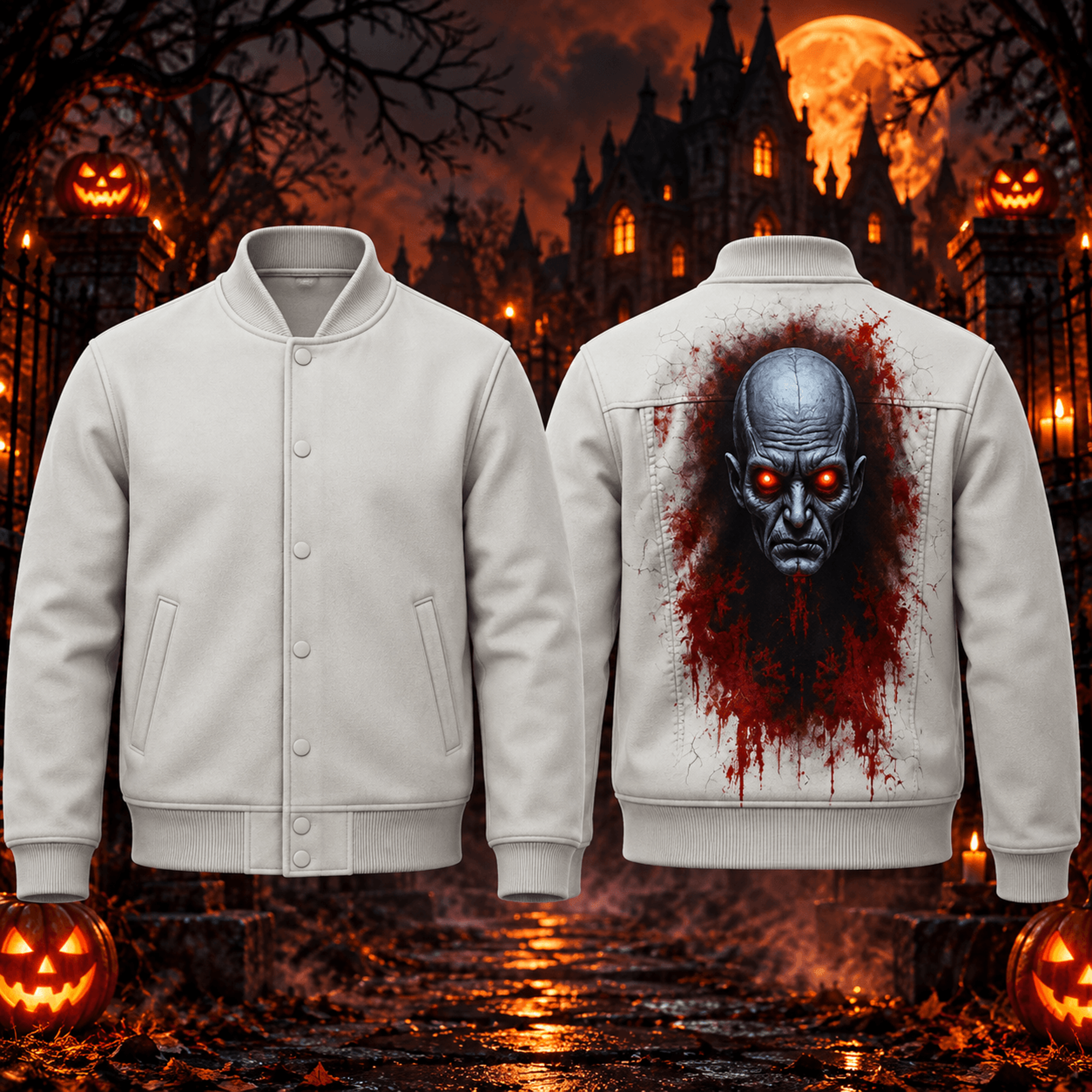 halloween demon face unisex varsity jacket, red eye gothic horror printed adult jacket, spooky dark streetwear
