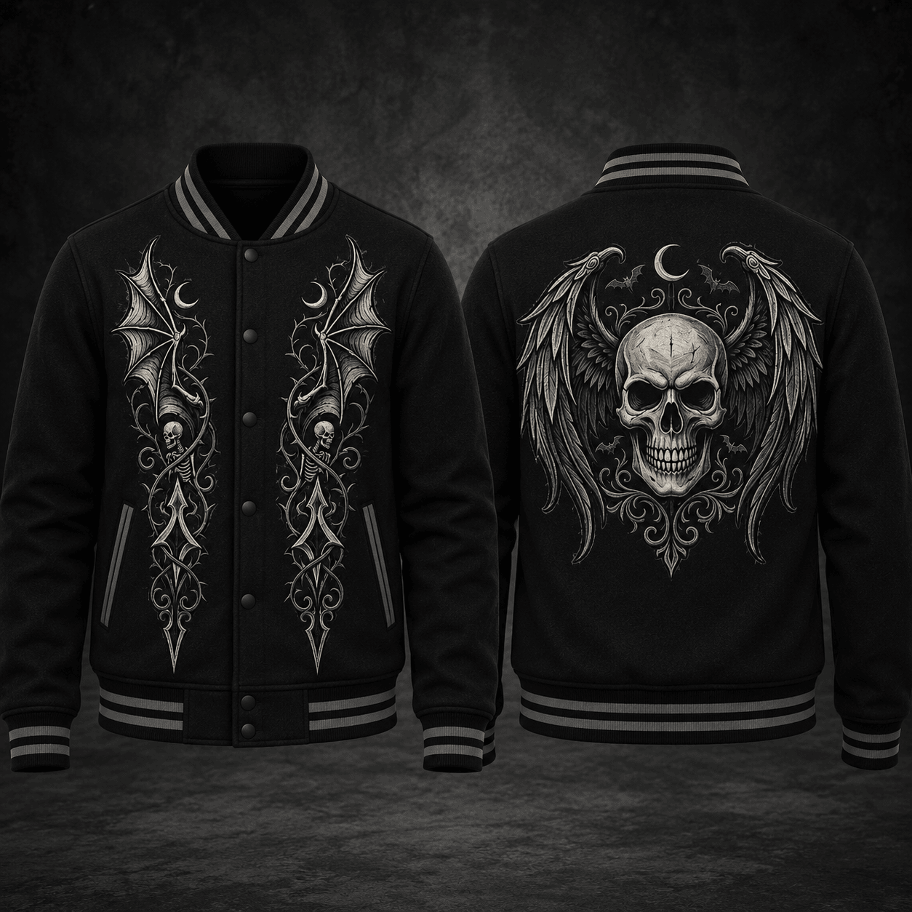 halloween gothic skull wings unisex varsity jacket, dark bat moon skeleton printed adult jacket, gothic horror streetwea
