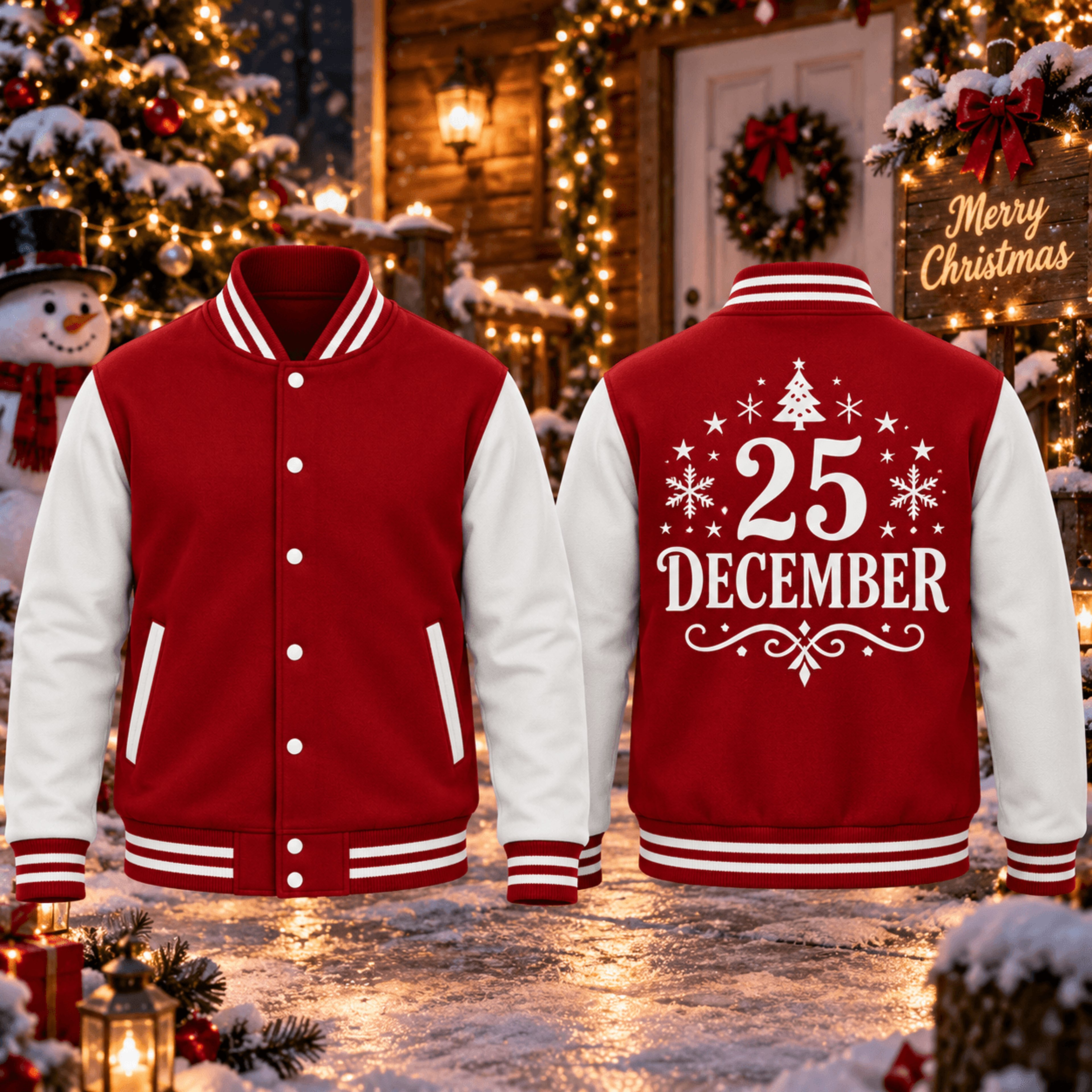 christmas 25 december unisex varsity jacket, red white holiday printed adult jacket, festive christmas gift outfit