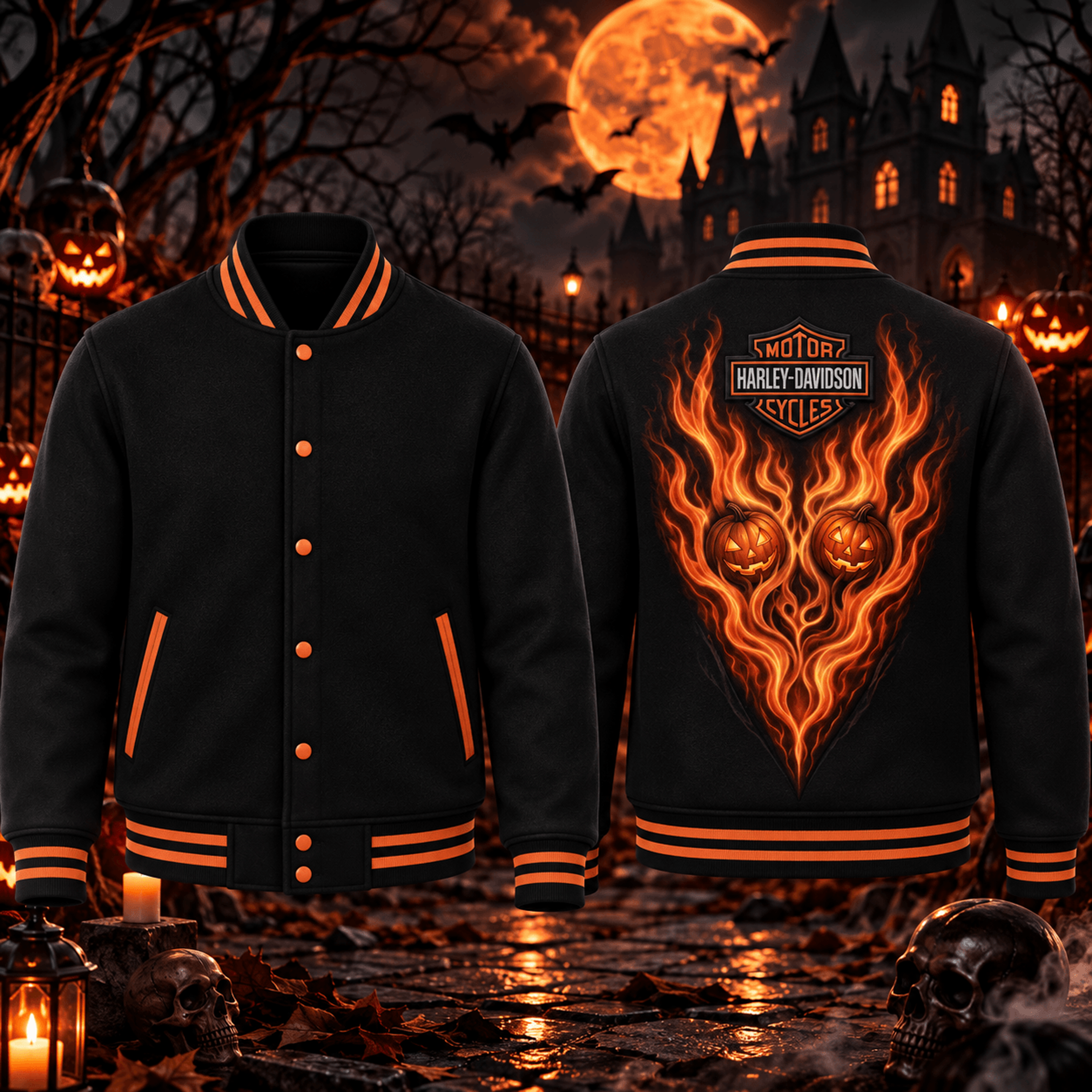 halloween pumpkin flame unisex varsity jacket, black orange horror printed adult jacket, spooky gothic streetwear
