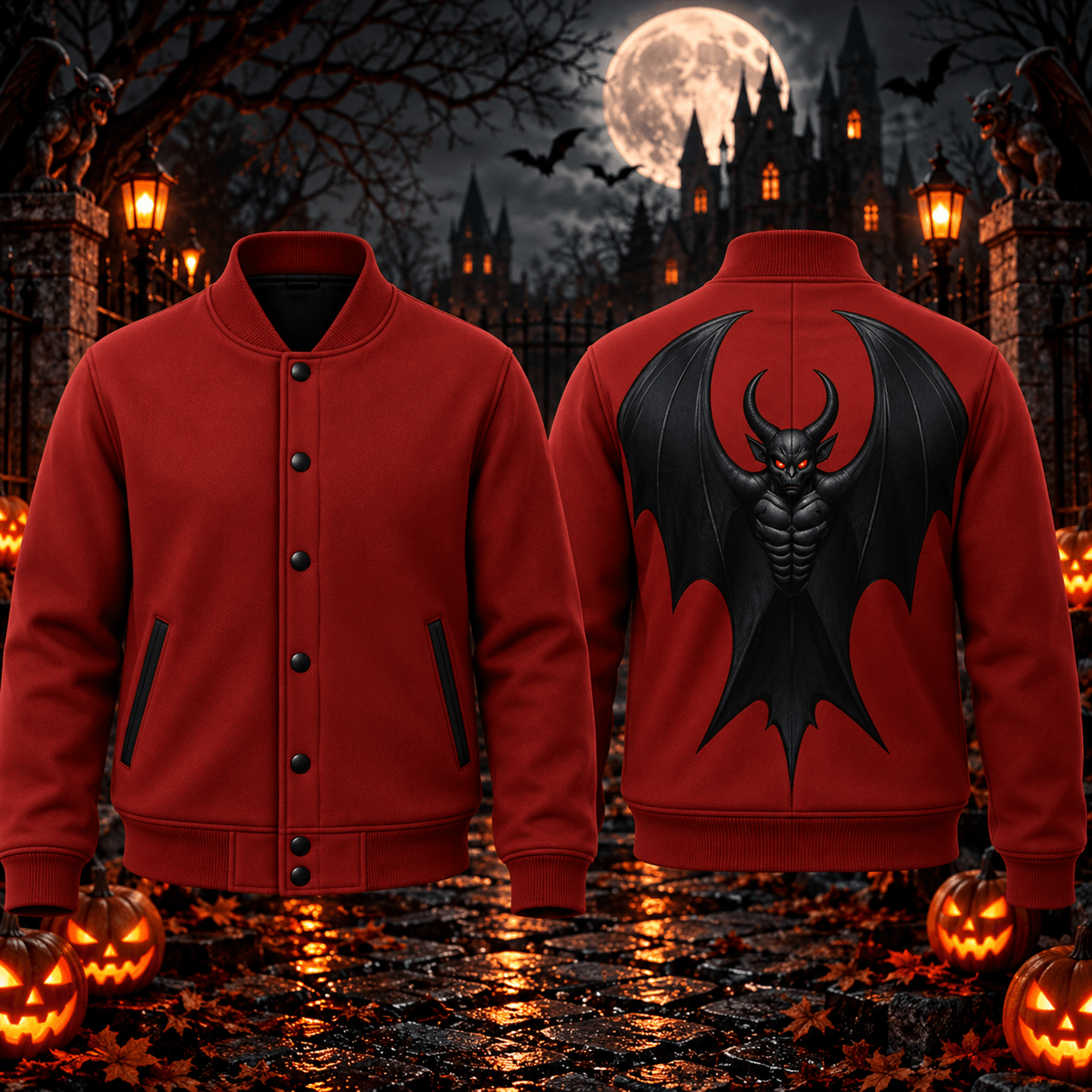 halloween winged demon unisex varsity jacket, red gothic devil printed adult horror jacket, dark spooky outfit
