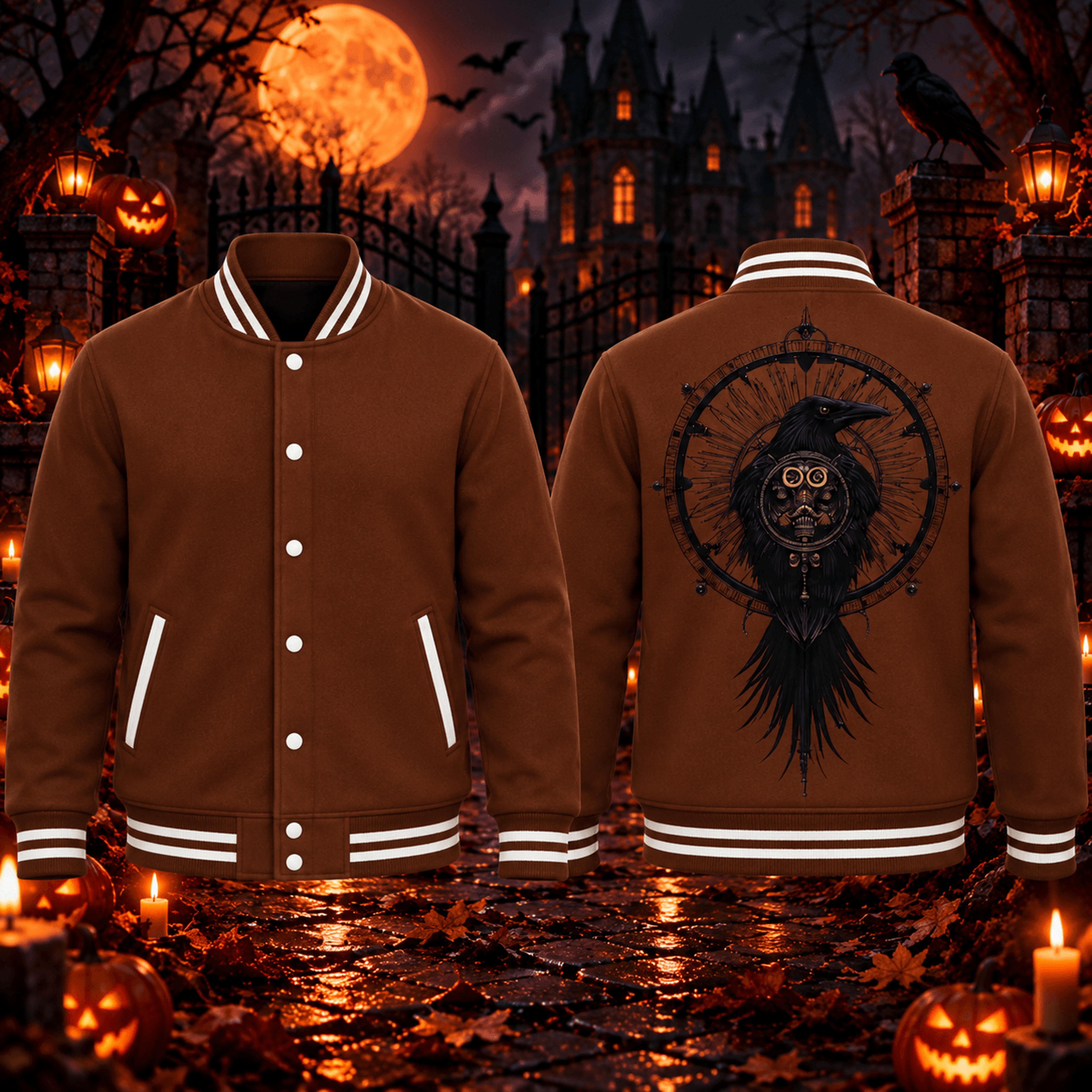 halloween raven unisex varsity jacket, gothic crow steampunk printed adult spooky horror jacket, dark bird design
