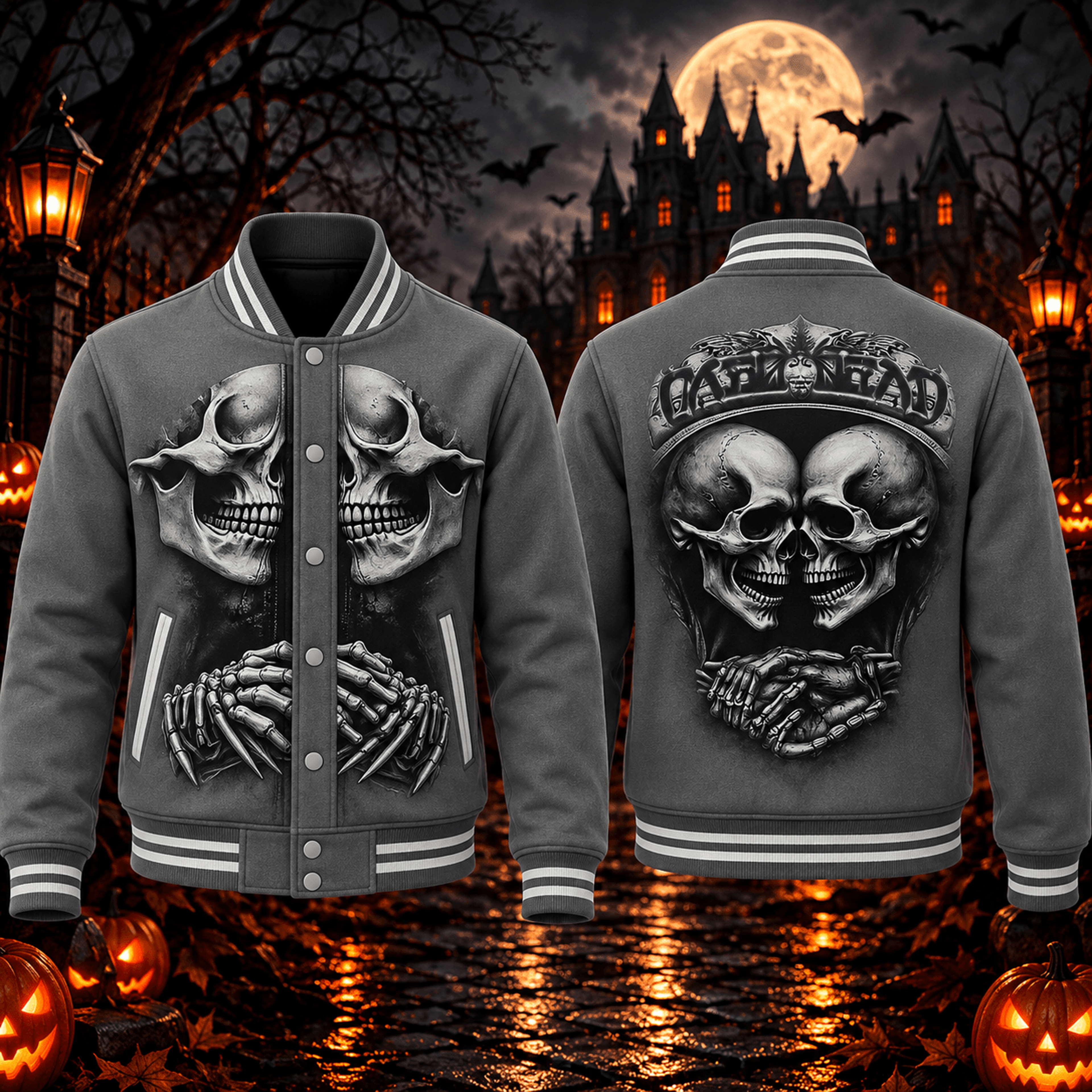 halloween double skull unisex varsity jacket, gothic skeleton hands printed adult gray horror jacket, spooky skull art