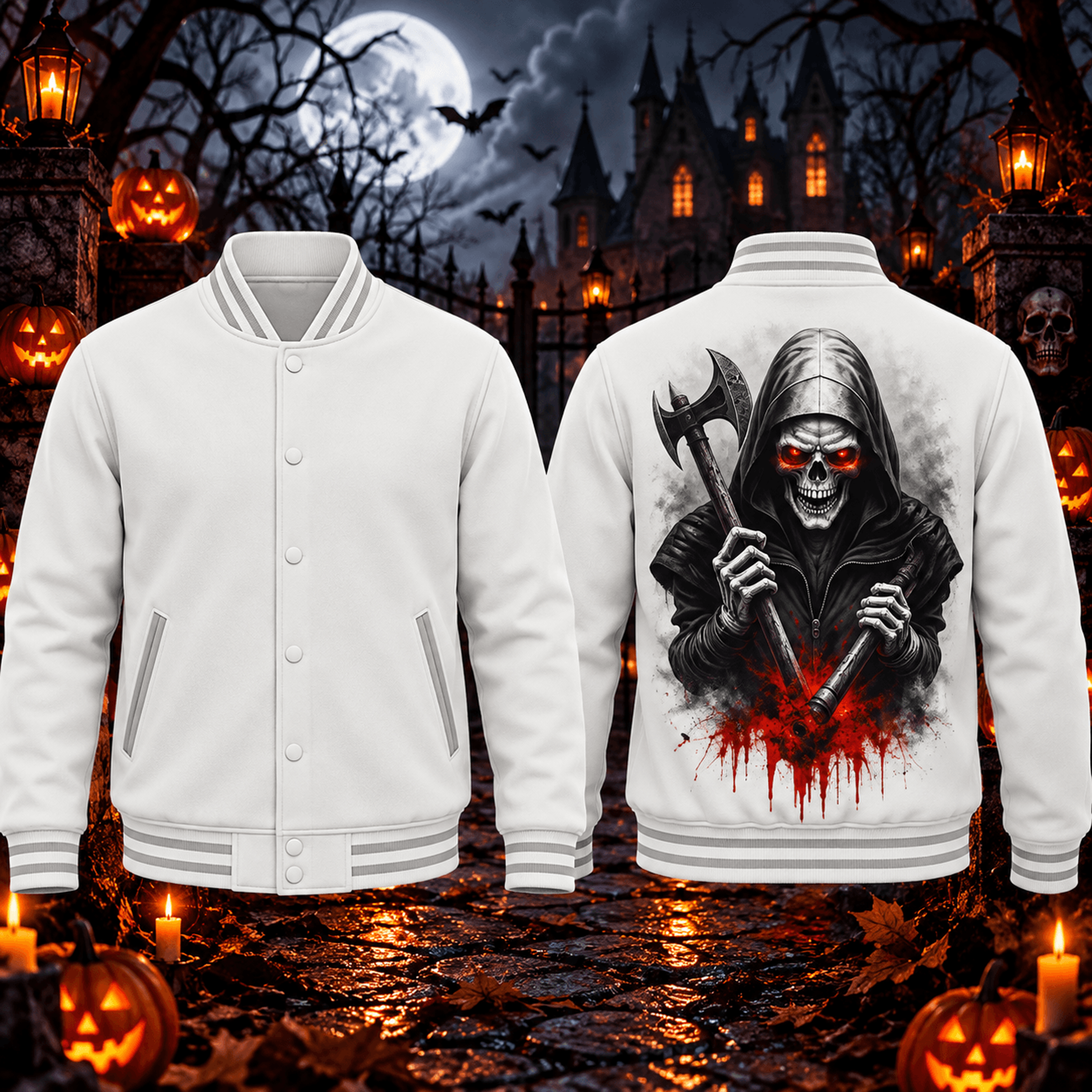halloween grim reaper unisex varsity jacket, skull axe horror printed adult white jacket, gothic spooky costume
