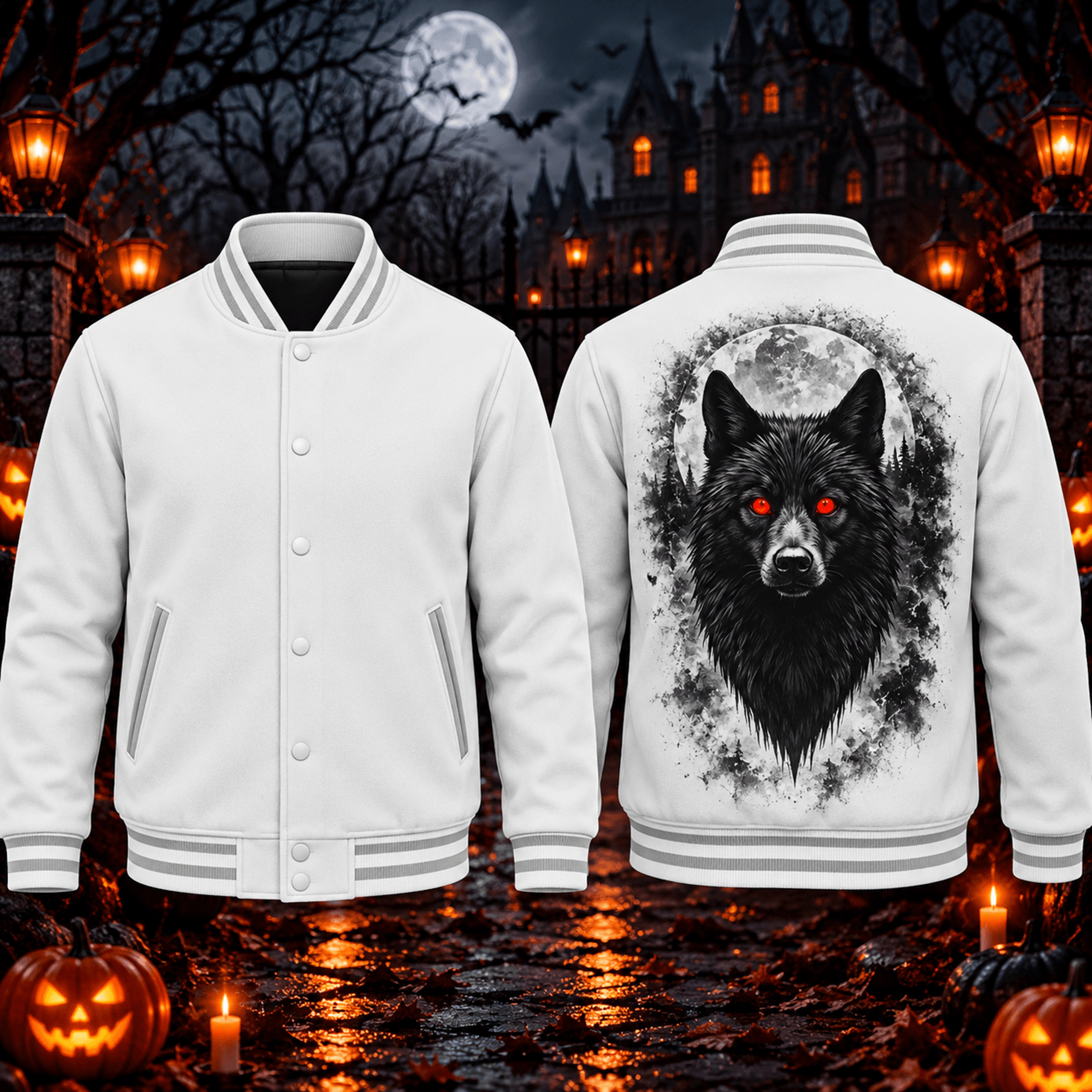 halloween black wolf unisex varsity jacket, red eyes full moon horror printed adult white gothic jacket