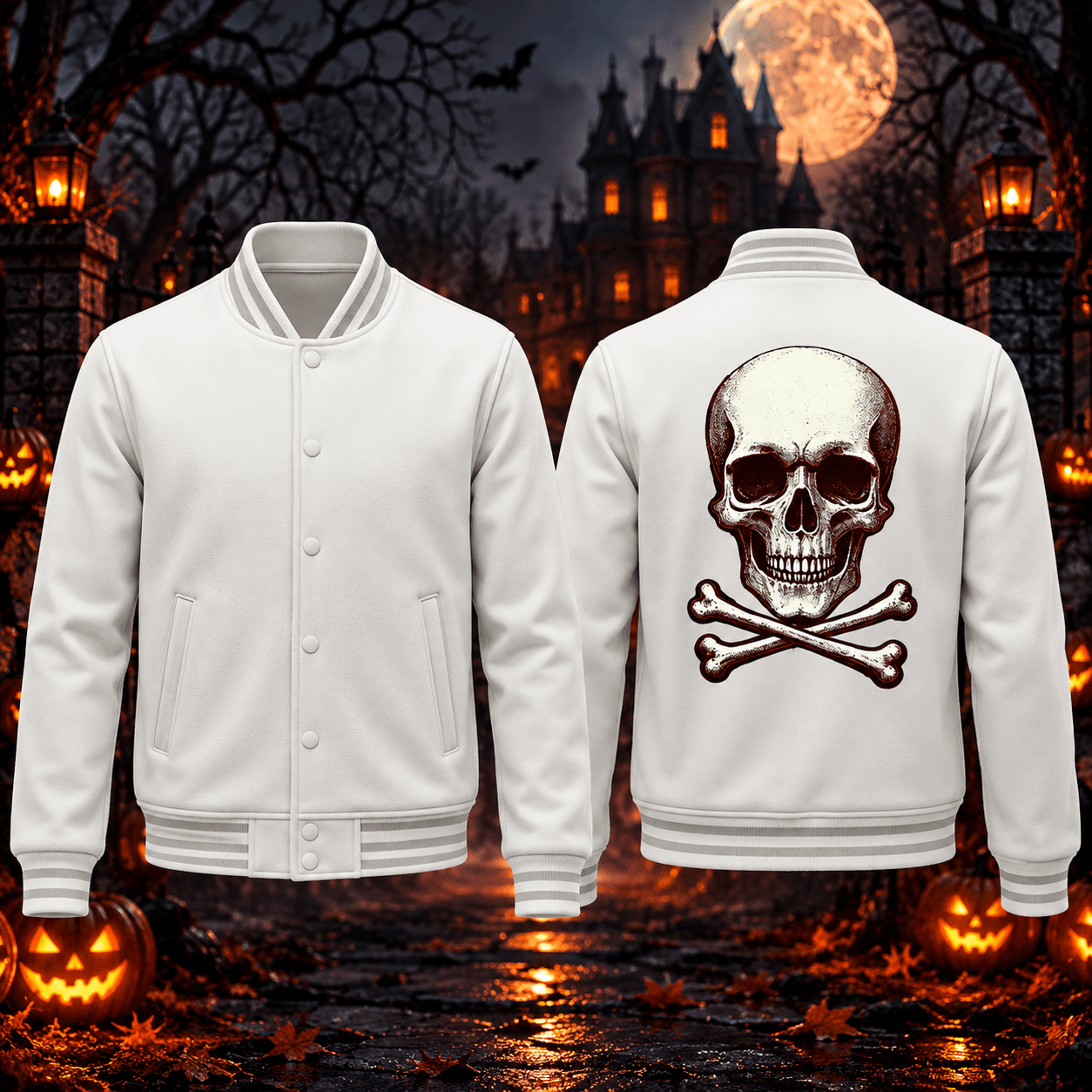 halloween skull crossbones unisex varsity jacket, gothic pirate skull printed adult white jacket, spooky horror style