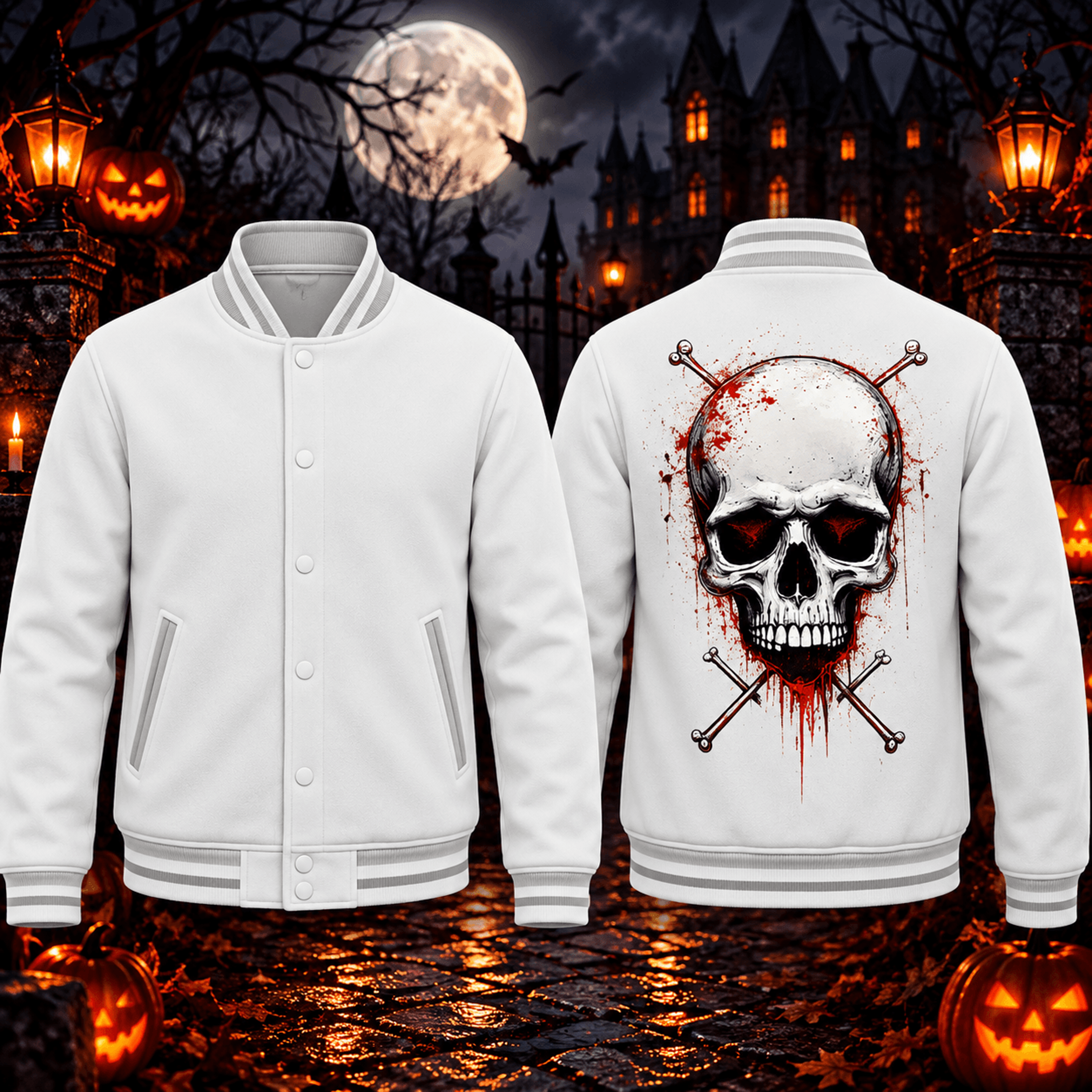 halloween bloody skull unisex varsity jacket, gothic skull horror printed adult white jacket, spooky skeleton style