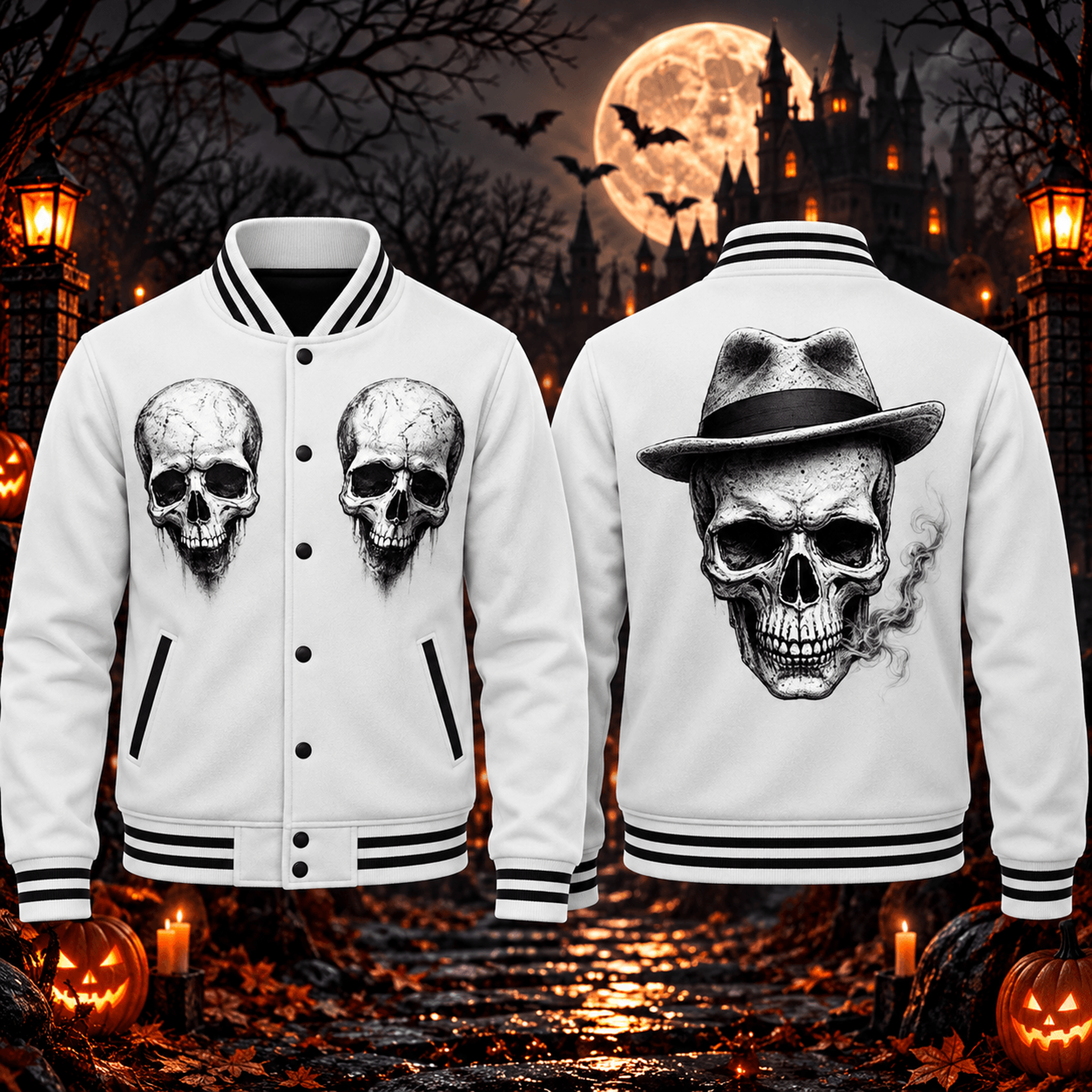 halloween fedora skull unisex varsity jacket, gothic skeleton printed adult white jacket, spooky horror streetwear