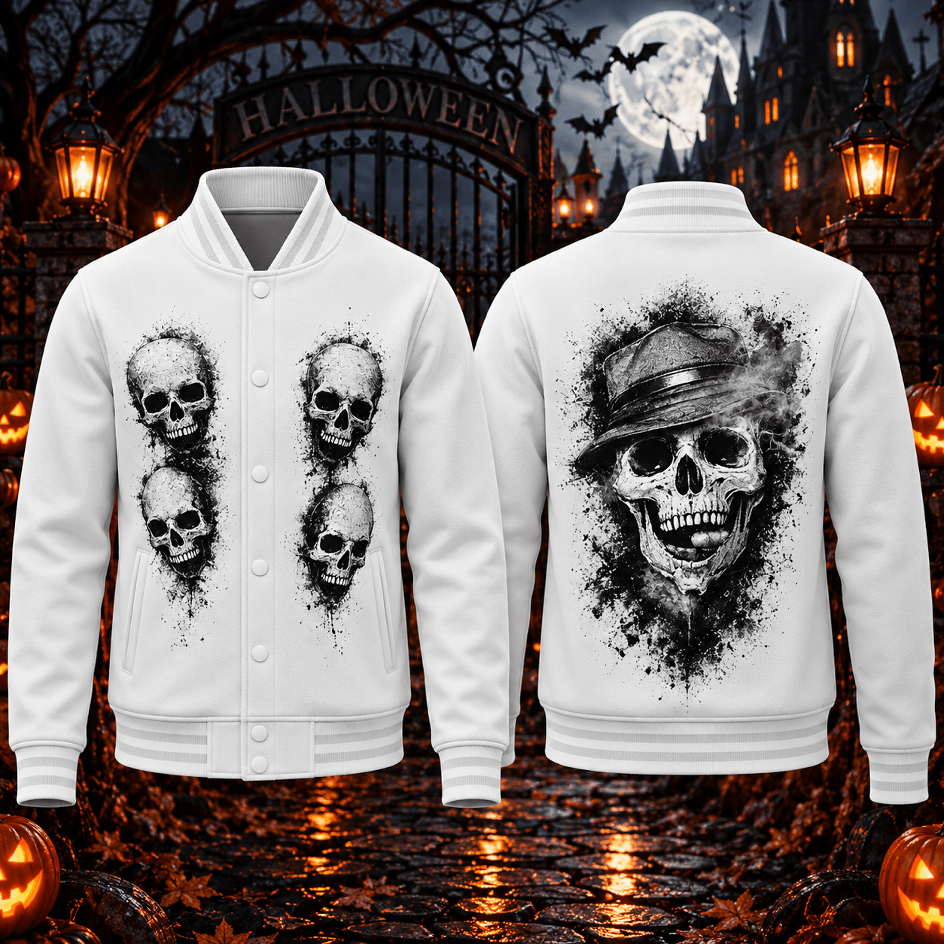 halloween skull unisex varsity jacket, gothic fedora skull printed adult white jacket, spooky horror streetwear