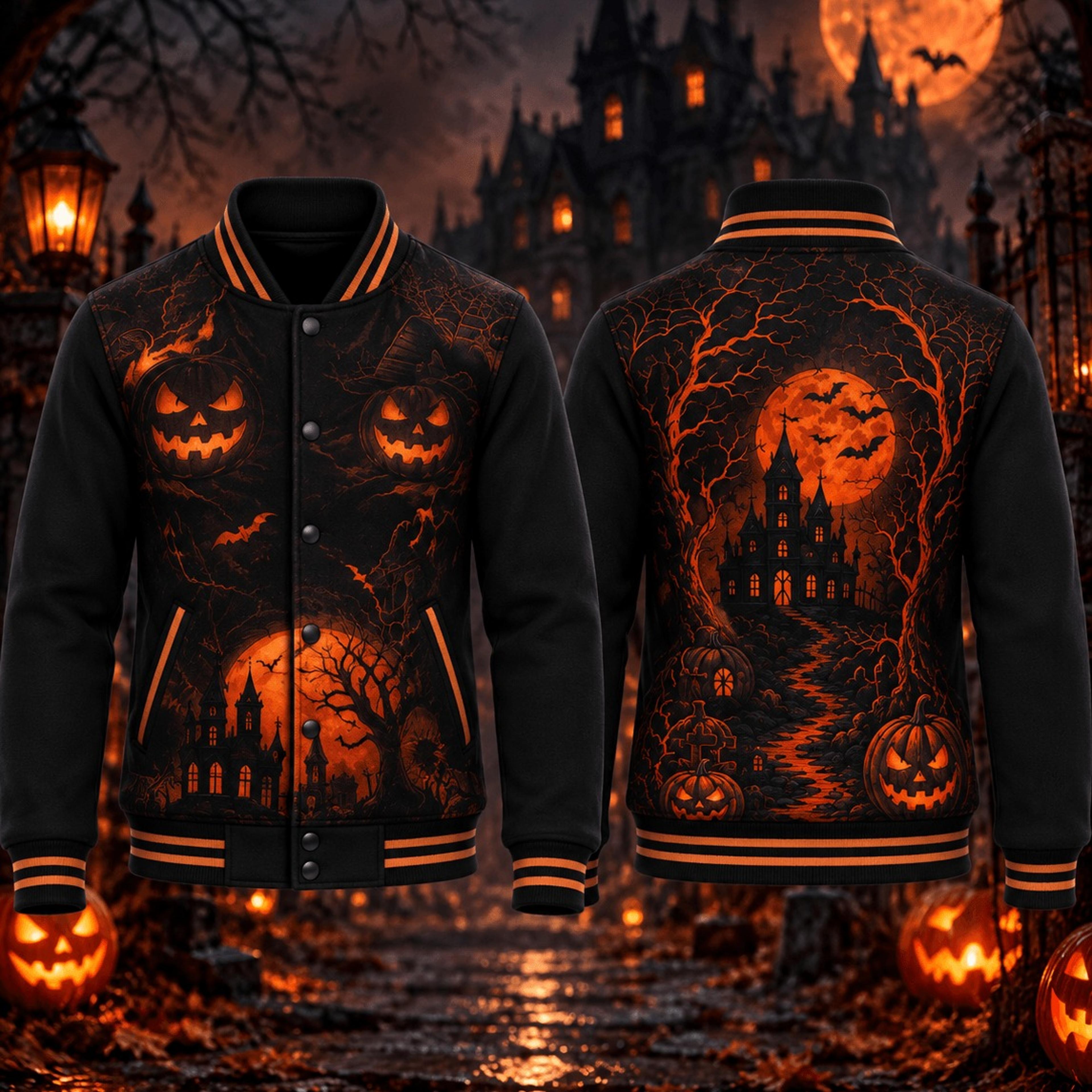 halloween haunted house unisex varsity jacket, pumpkin moon gothic printed adult jacket, spooky horror streetwear