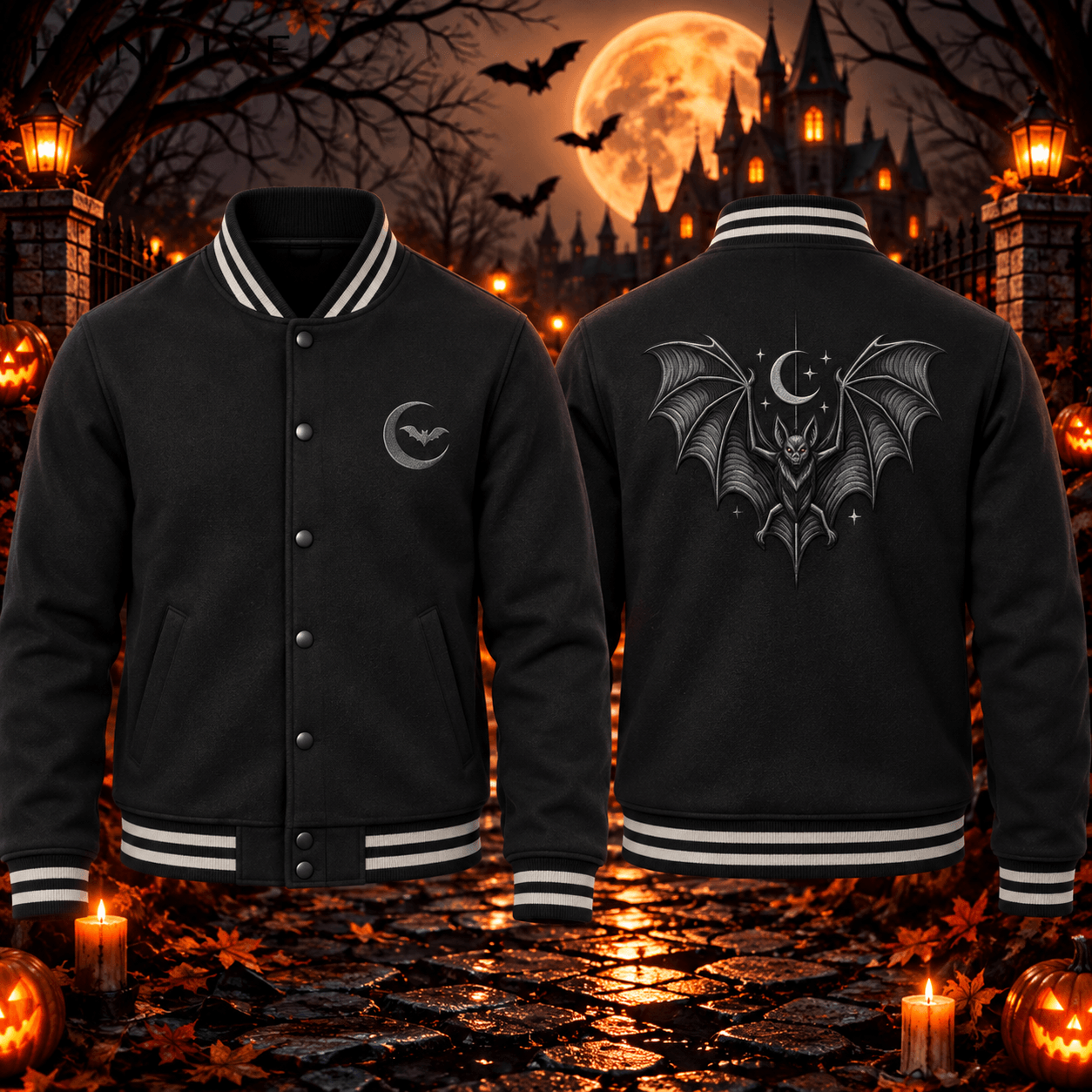 halloween bat moon unisex varsity jacket, gothic vampire bat printed adult black jacket, spooky night streetwear