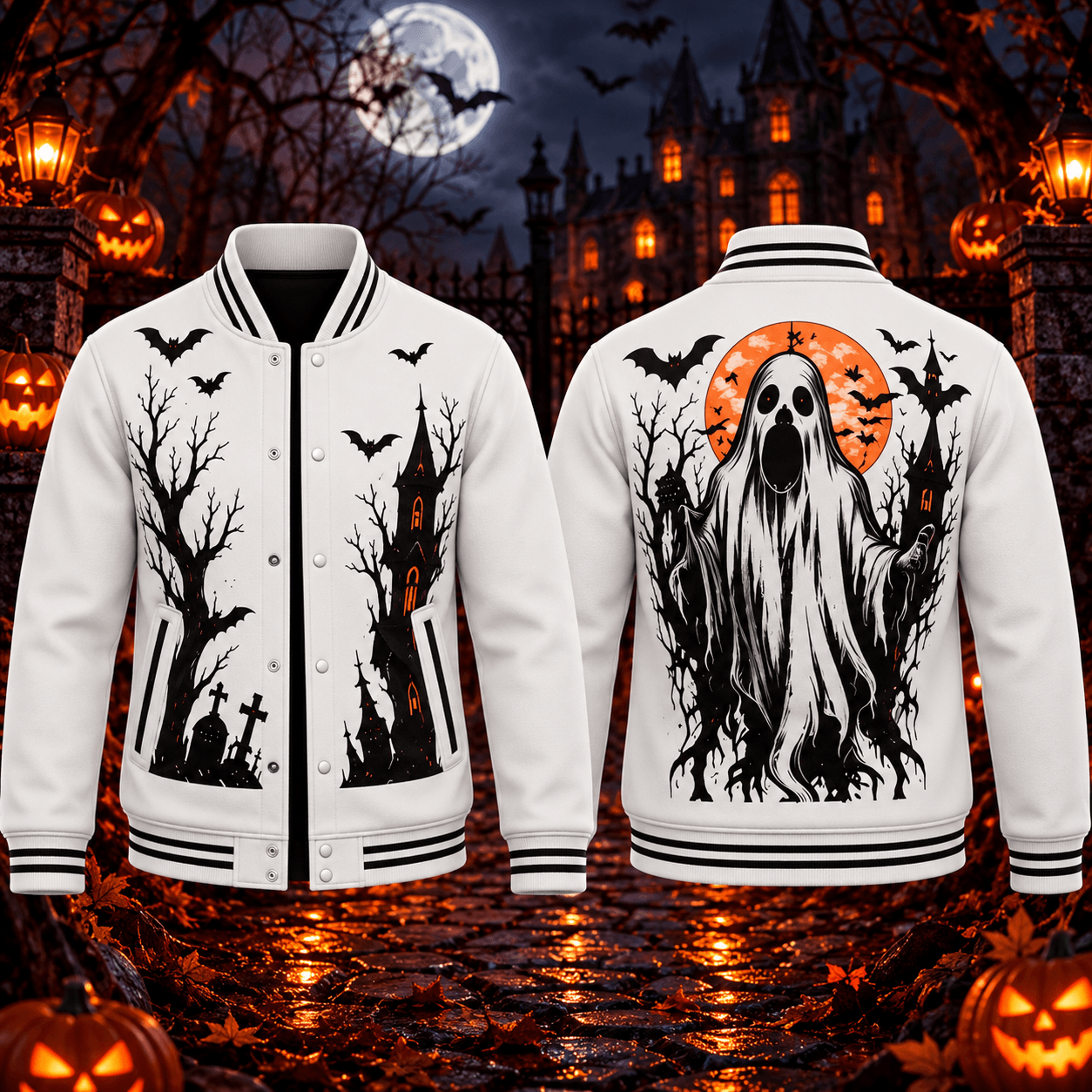 halloween ghost unisex varsity jacket, haunted castle bat printed adult white jacket, spooky gothic horror clothing