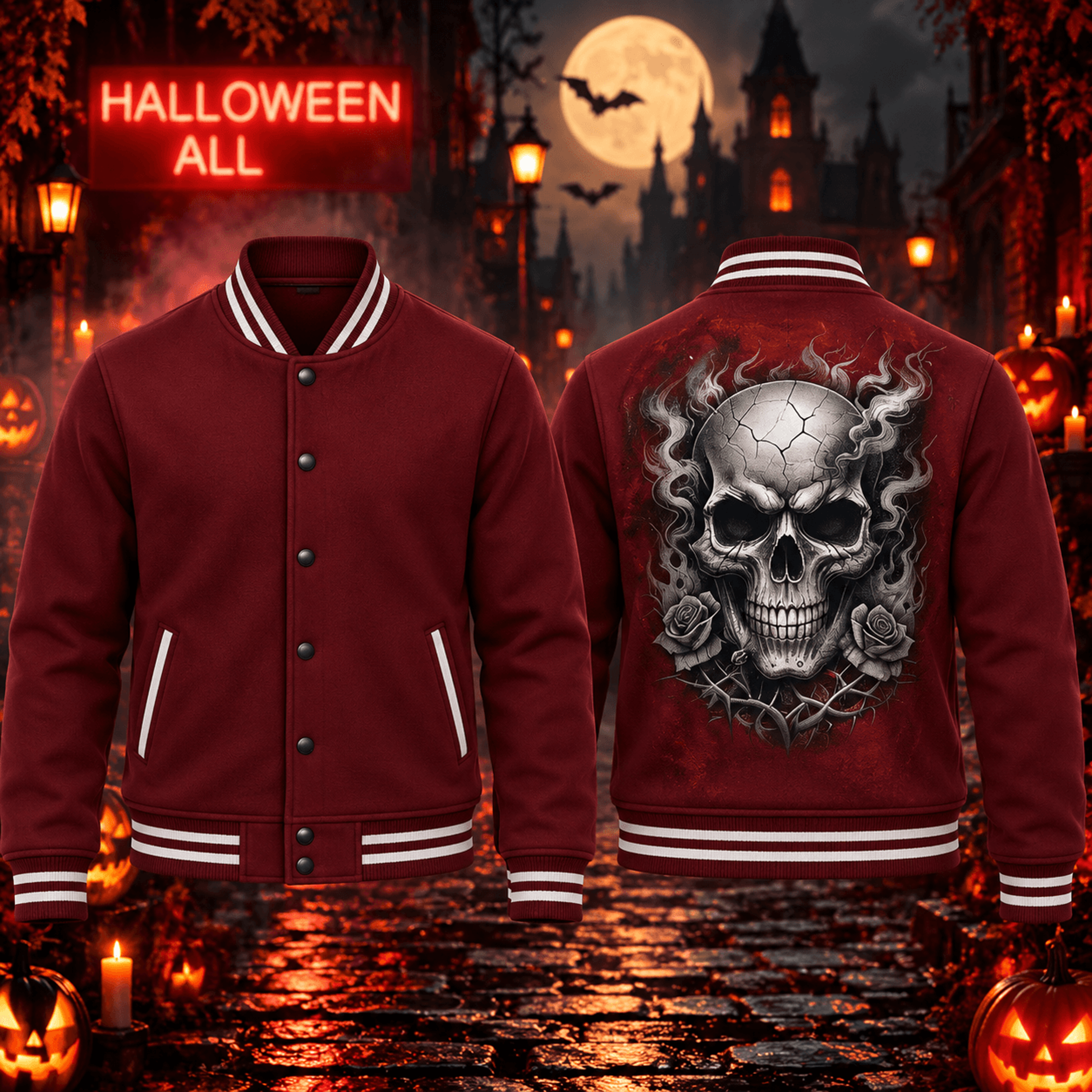 halloween skull rose unisex varsity jacket, gothic smoking skull printed adult red jacket, spooky horror streetwear