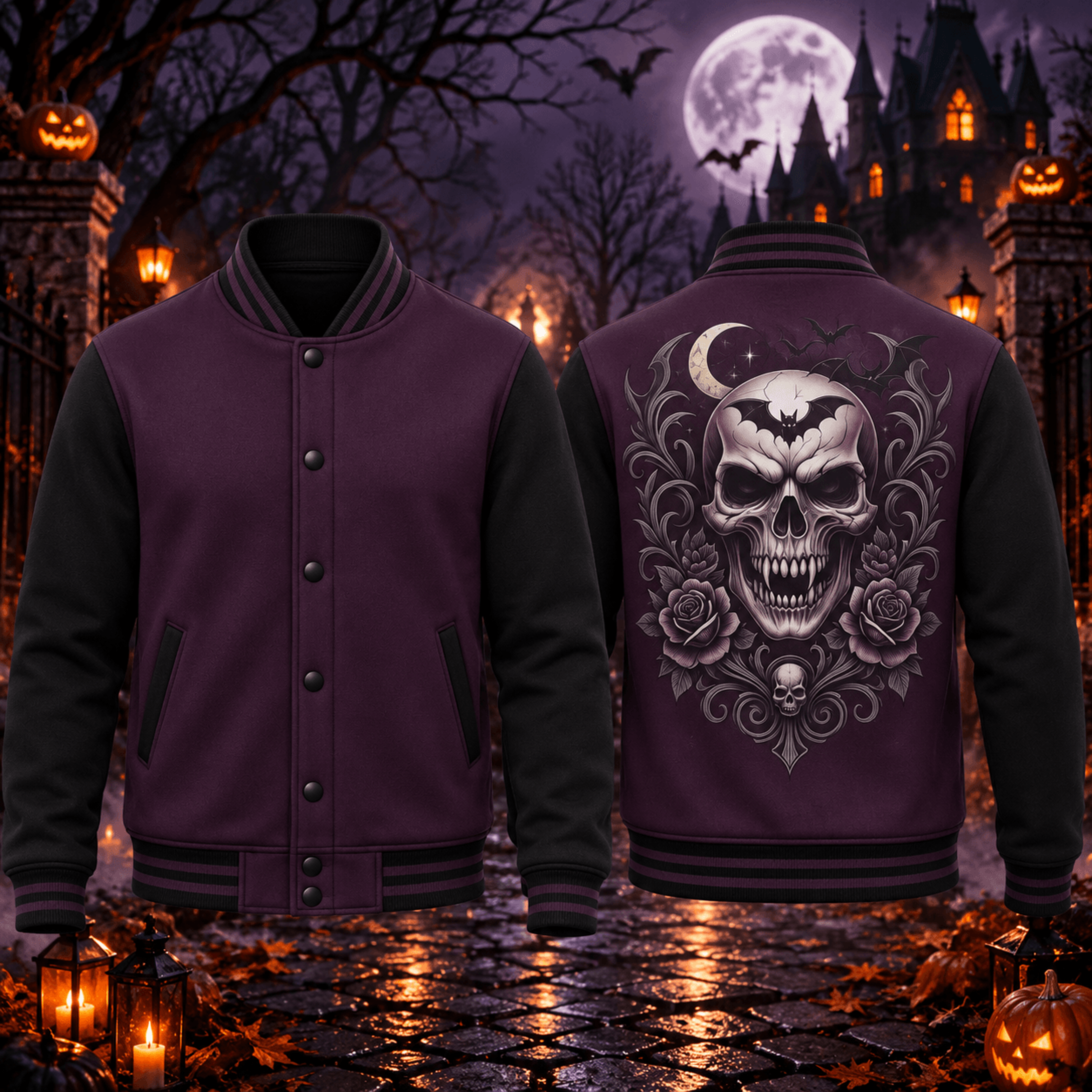 halloween skull rose unisex varsity jacket, gothic bat moon printed adult jacket, purple spooky horror outerwear