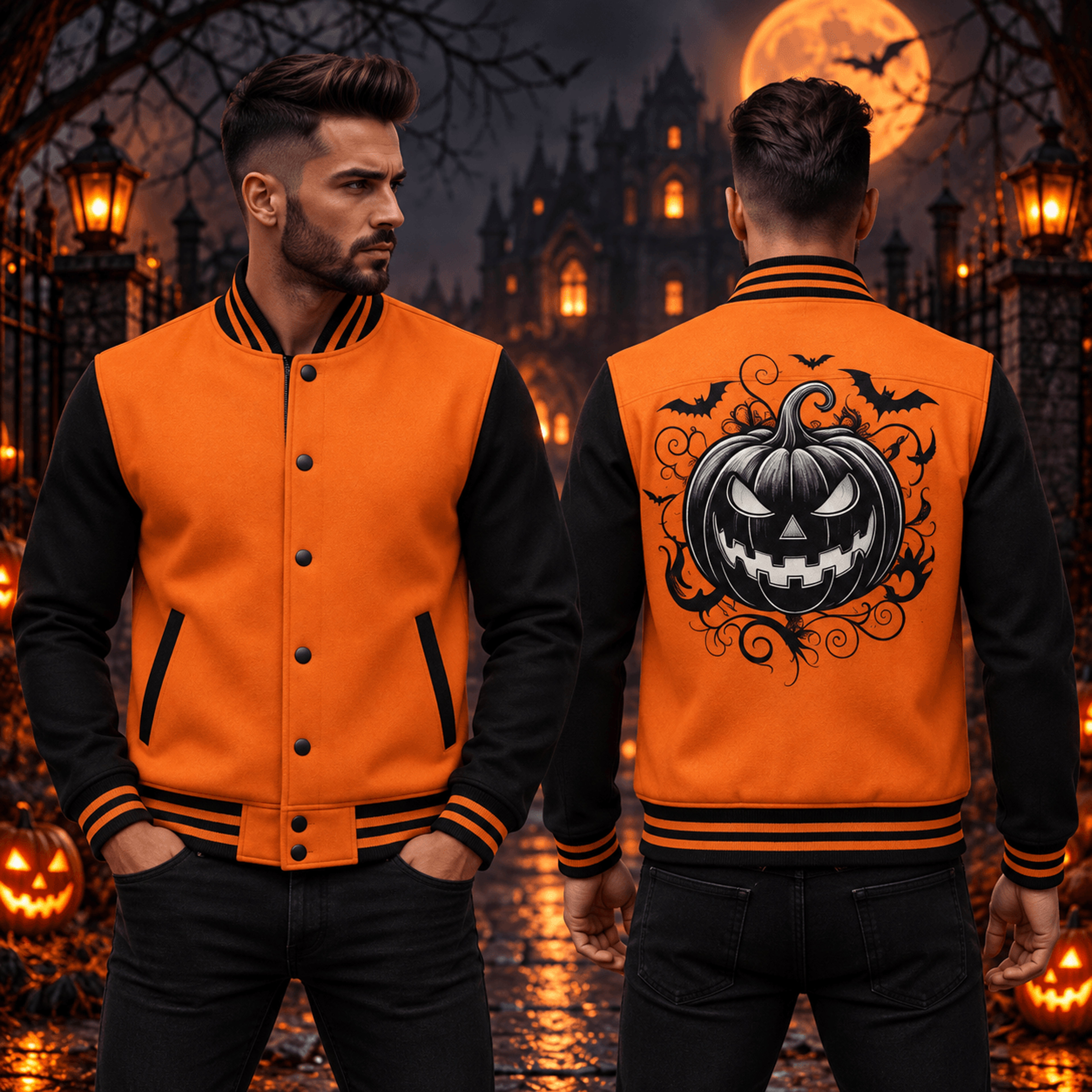 halloween pumpkin unisex varsity jacket, jack o lantern bat printed adult jacket, orange black spooky outerwear