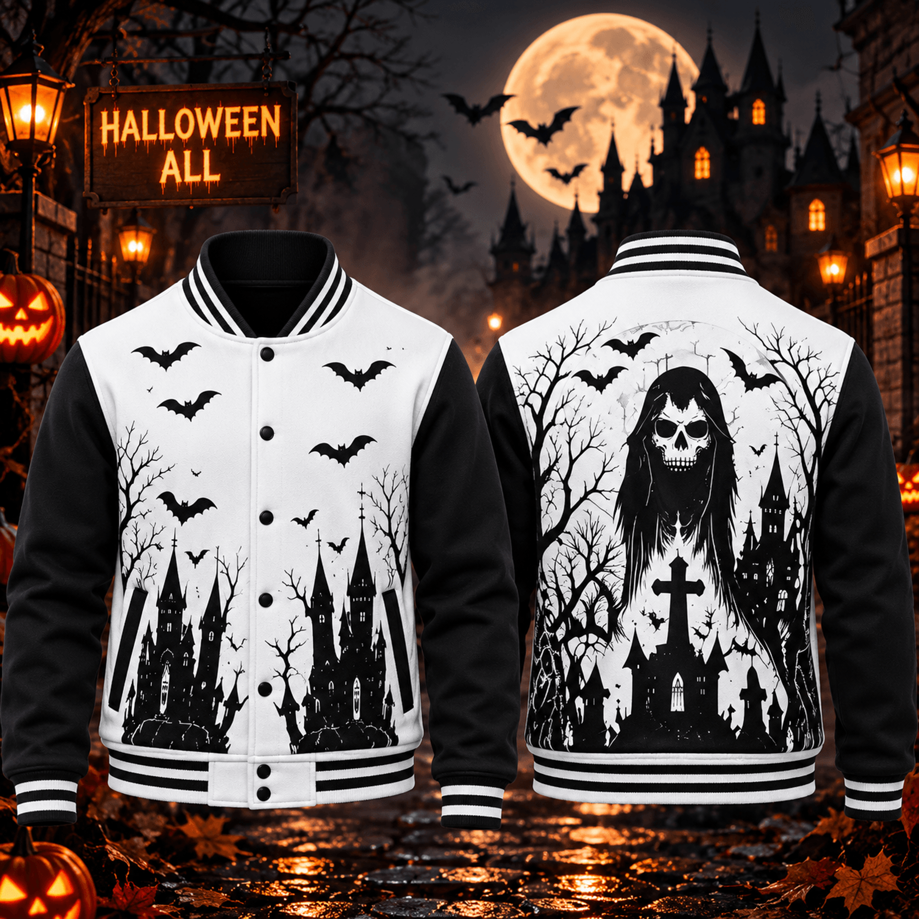 halloween grim reaper unisex varsity jacket, haunted castle bat print gothic horror adult jacket, spooky outerwear