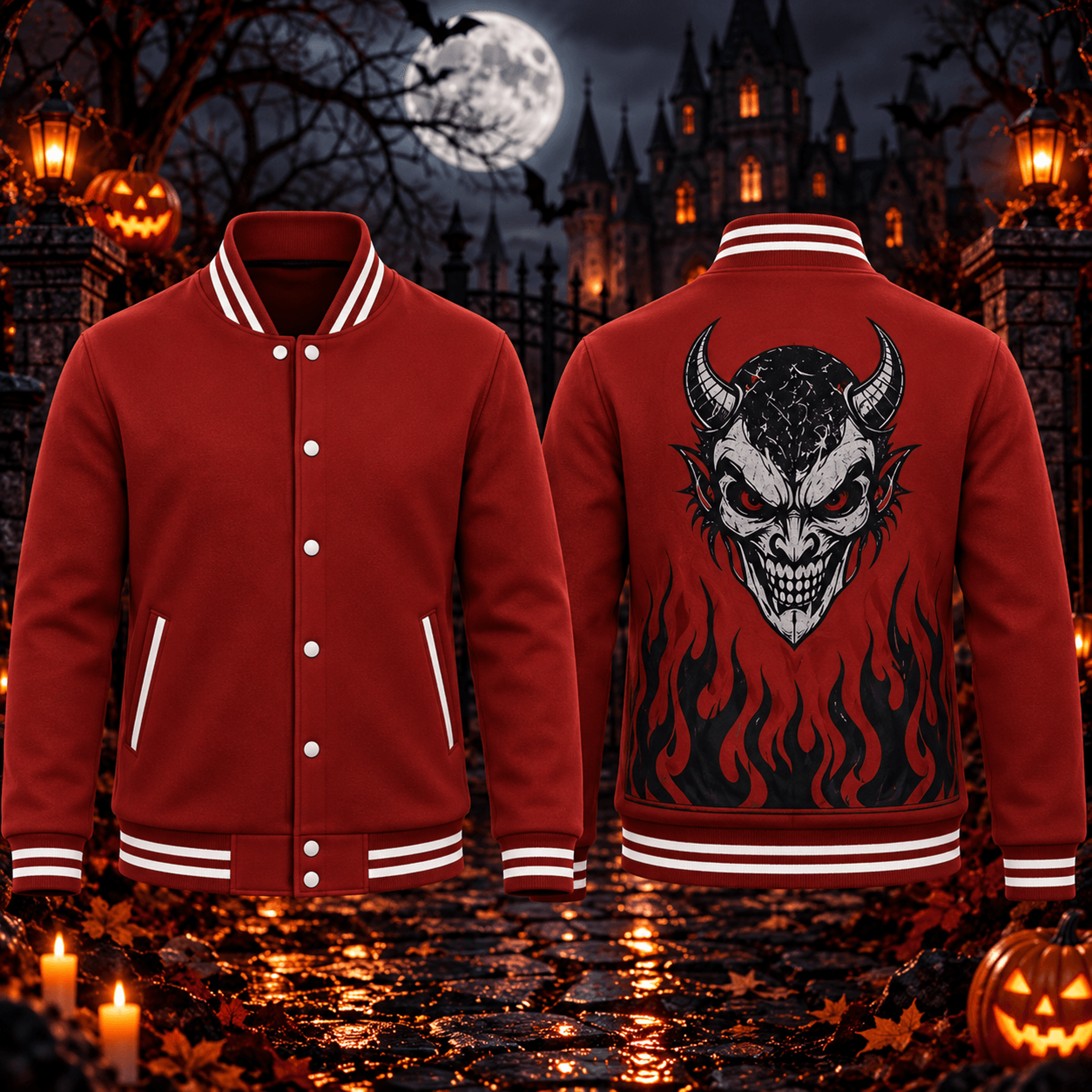 halloween demon unisex varsity jacket, gothic devil flame print, red horror adult jacket, spooky halloween outerwear