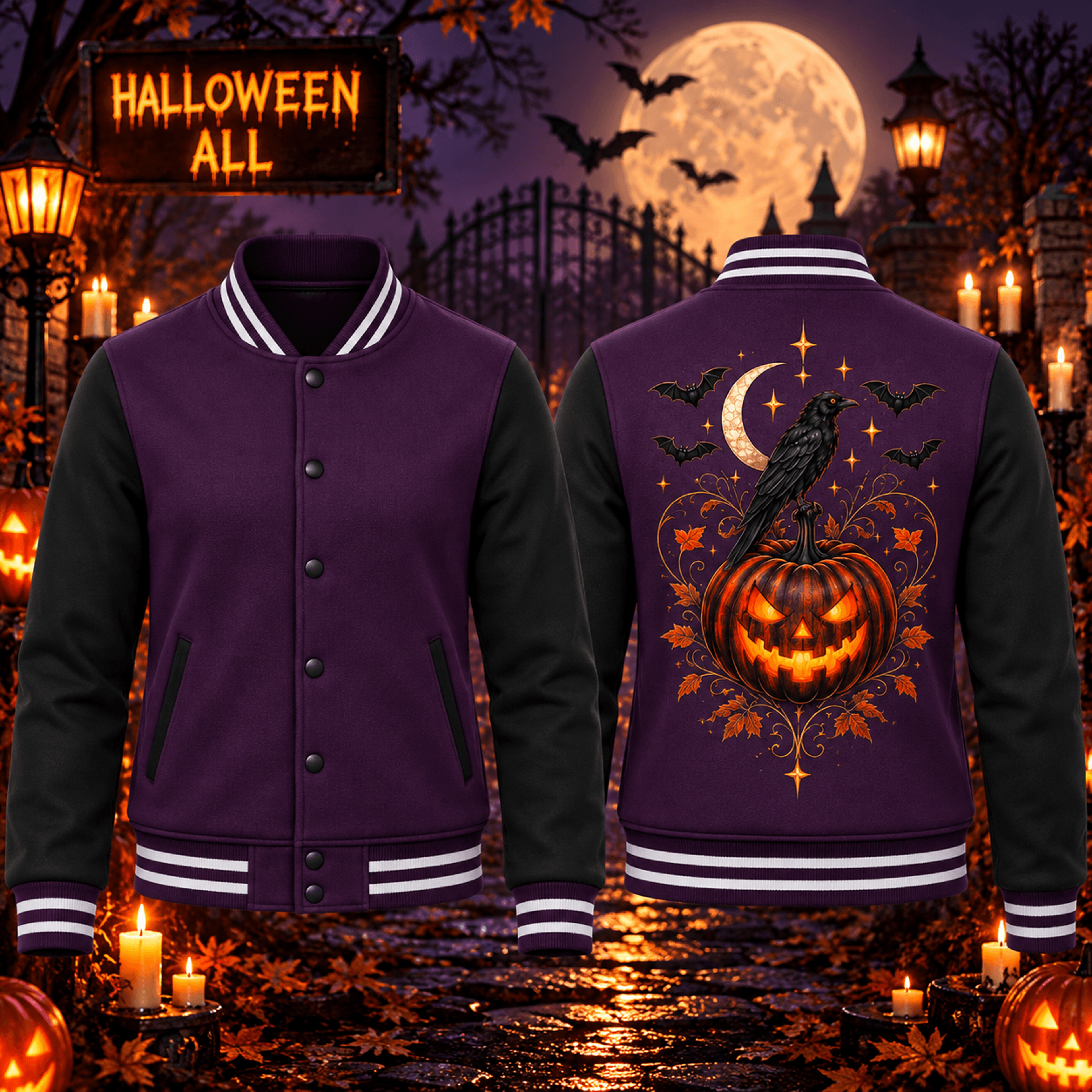 halloween raven pumpkin unisex varsity jacket, gothic crow jack o lantern bat moon printed adult spooky jacket