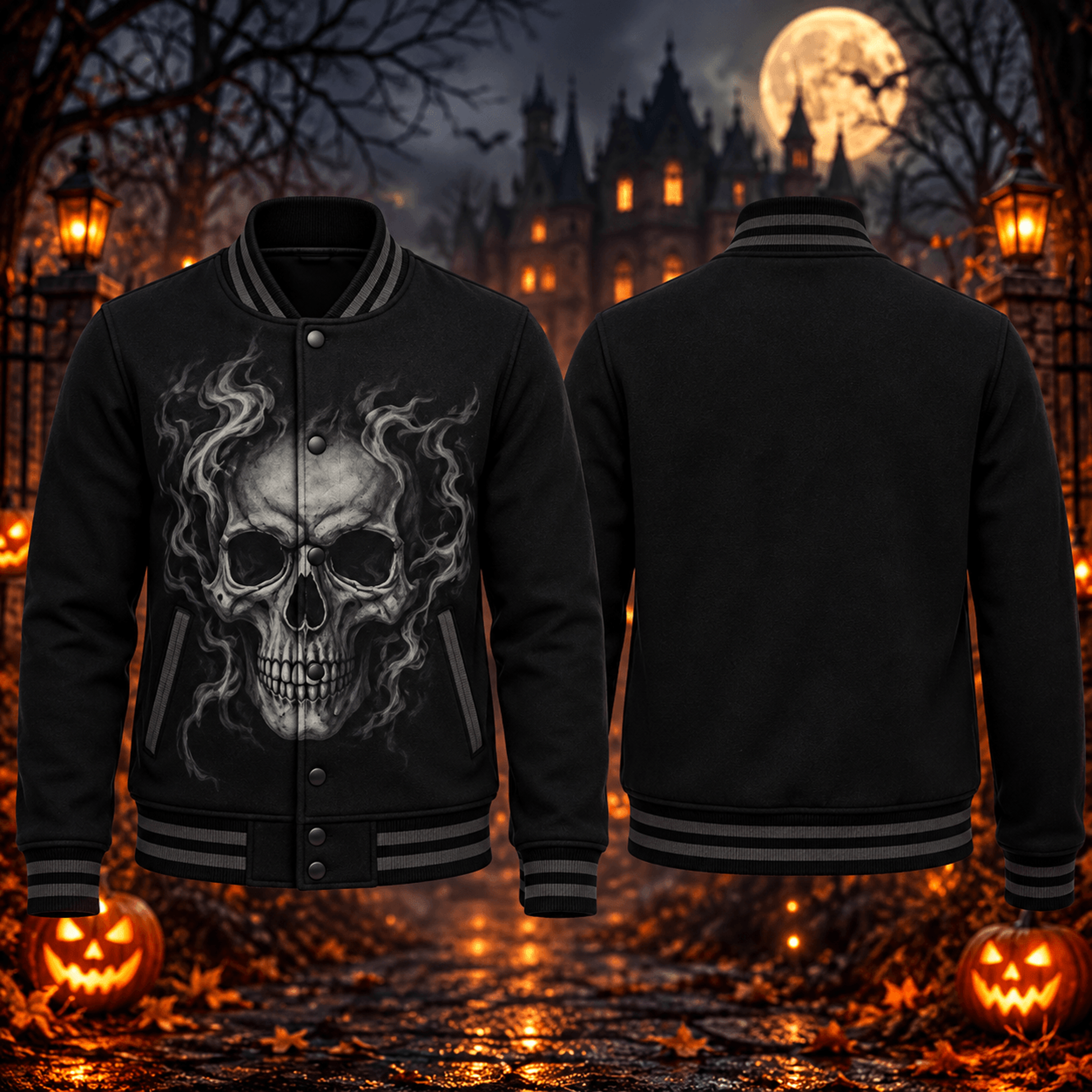 halloween smoking skull unisex varsity jacket, gothic horror skull printed adult black spooky jacket