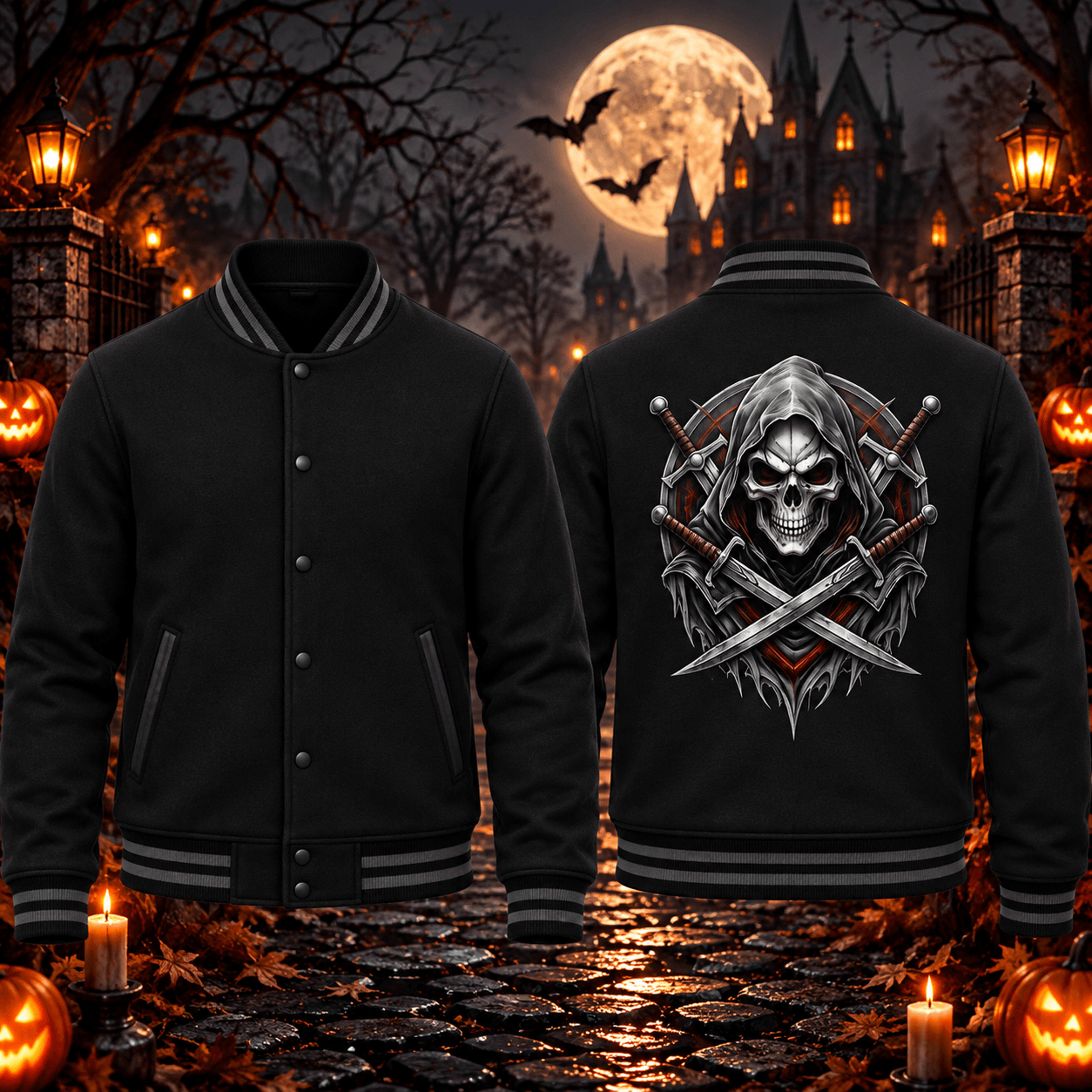 halloween grim reaper skull unisex varsity jacket, crossed swords gothic horror printed black adult jacket