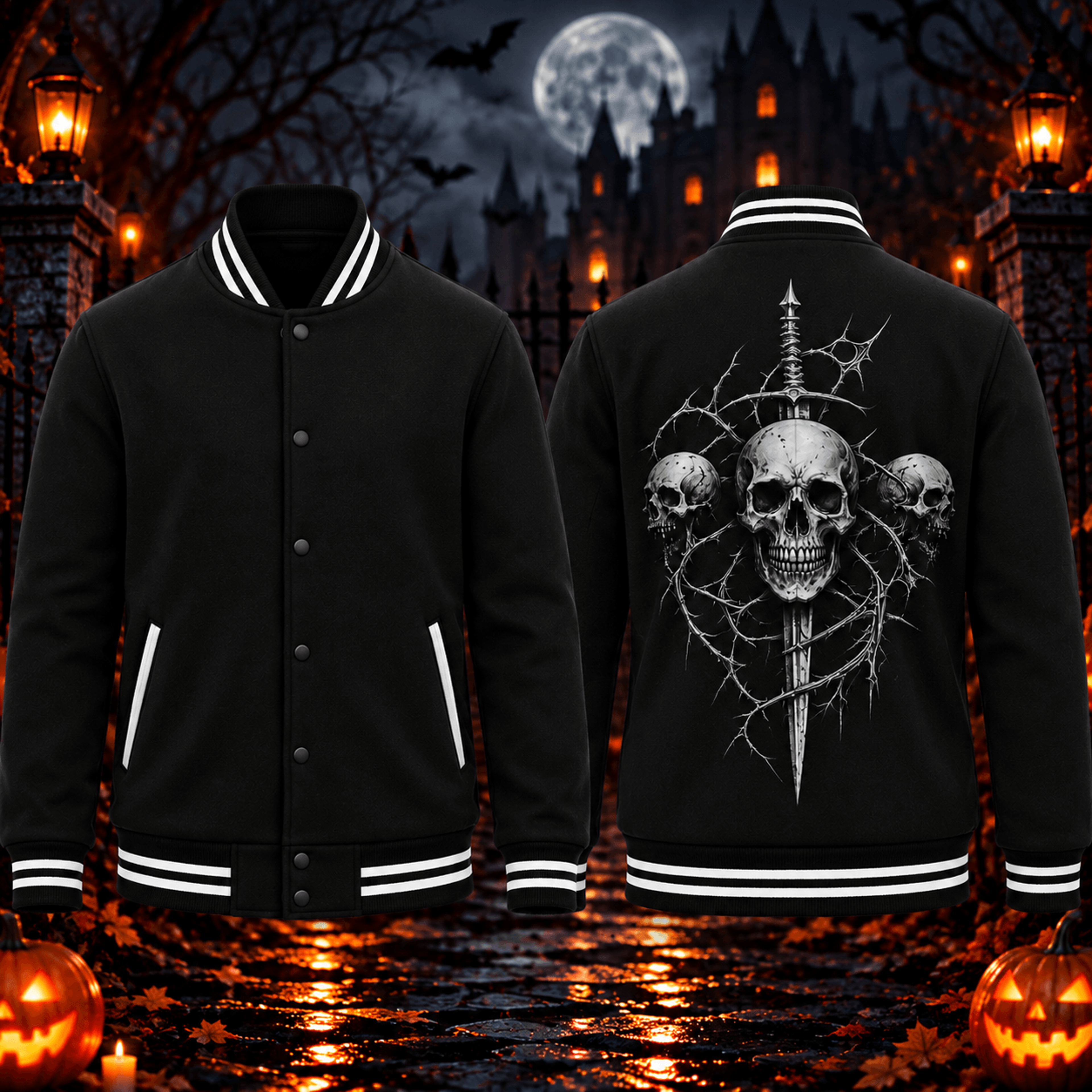 halloween triple skull unisex varsity jacket, gothic sword skull back print, black horror adult jacket, spooky streetwea