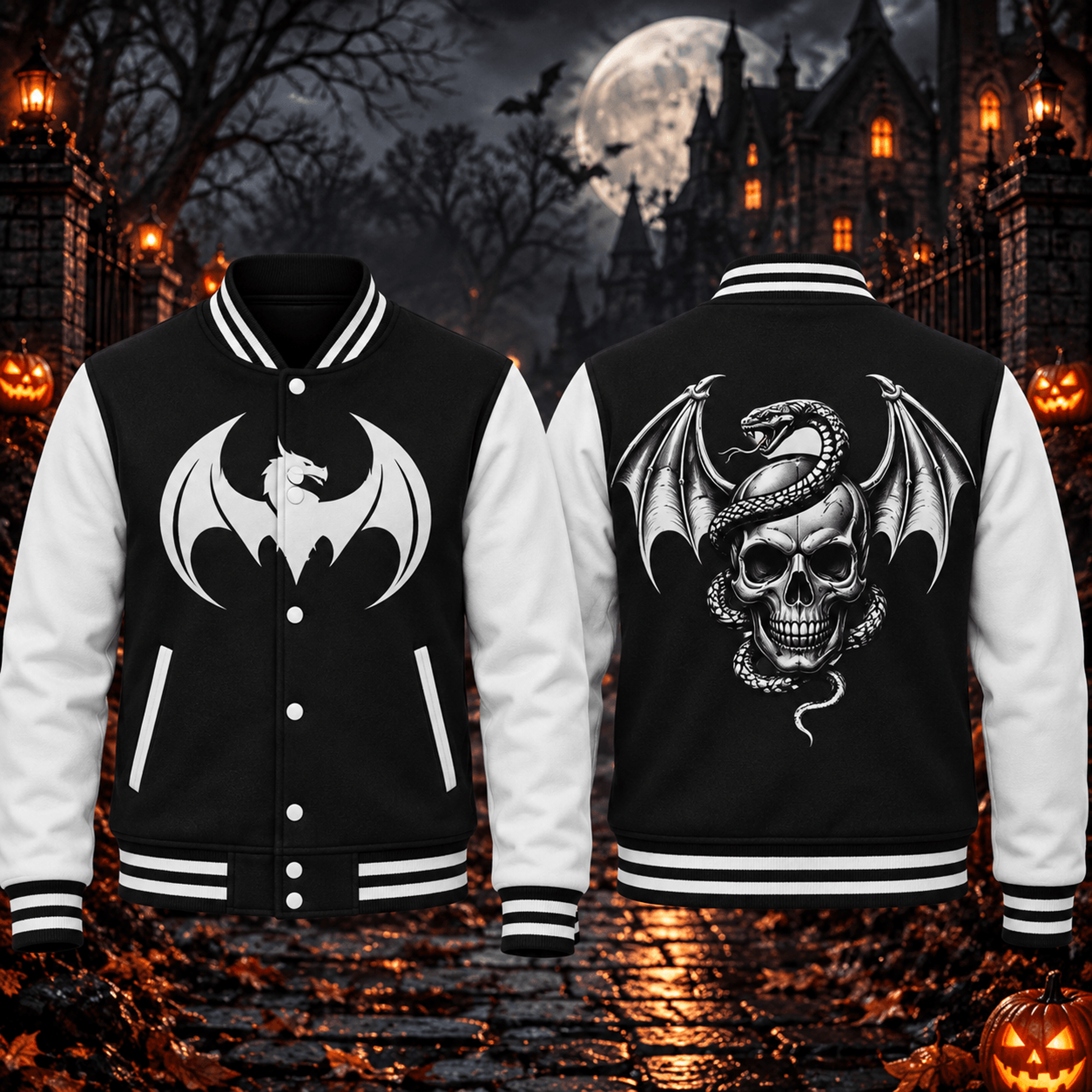 halloween dragon skull unisex varsity jacket, gothic snake skull back print, black white horror adult jacket