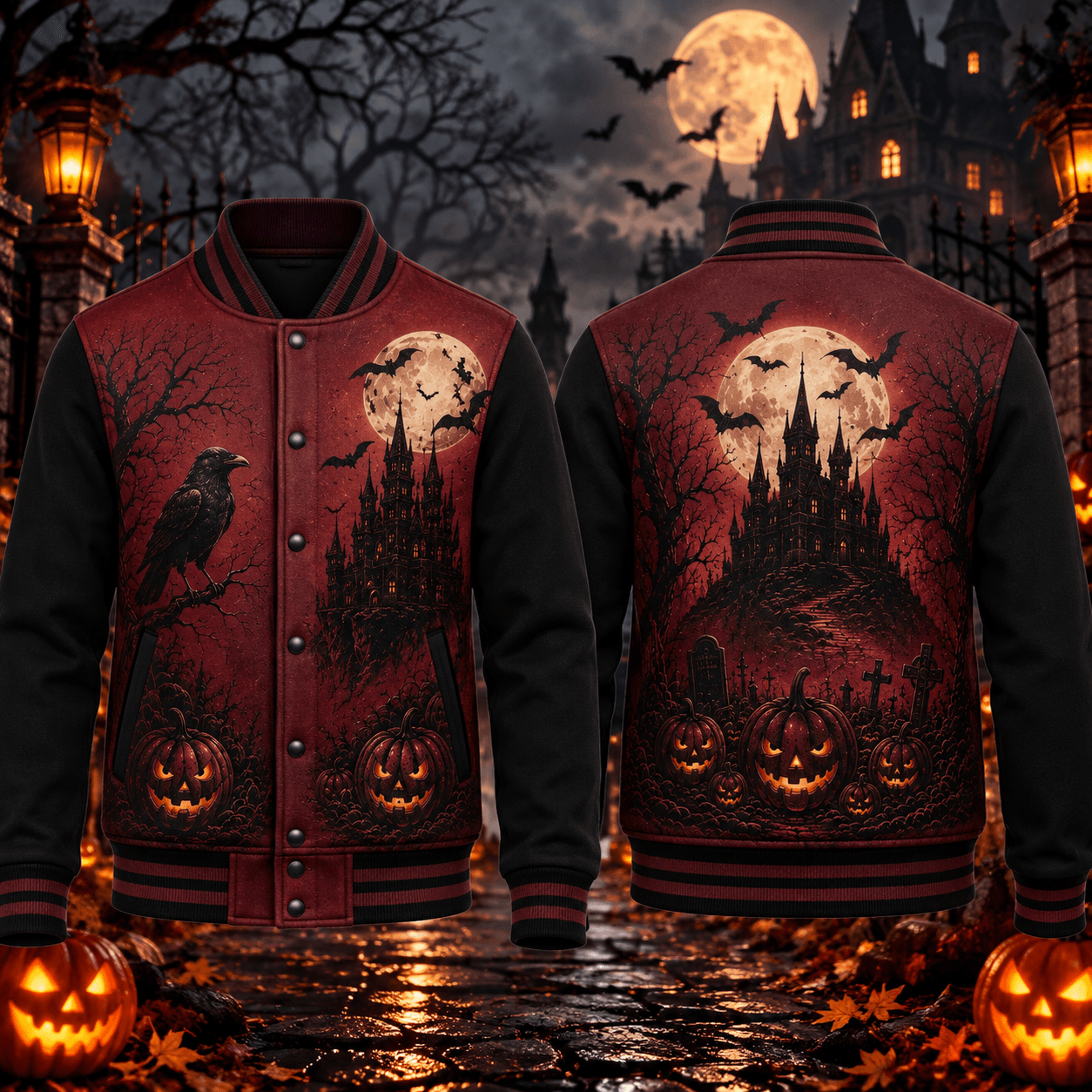 halloween raven unisex varsity jacket, gothic haunted castle pumpkin moon printed adult spooky jacket