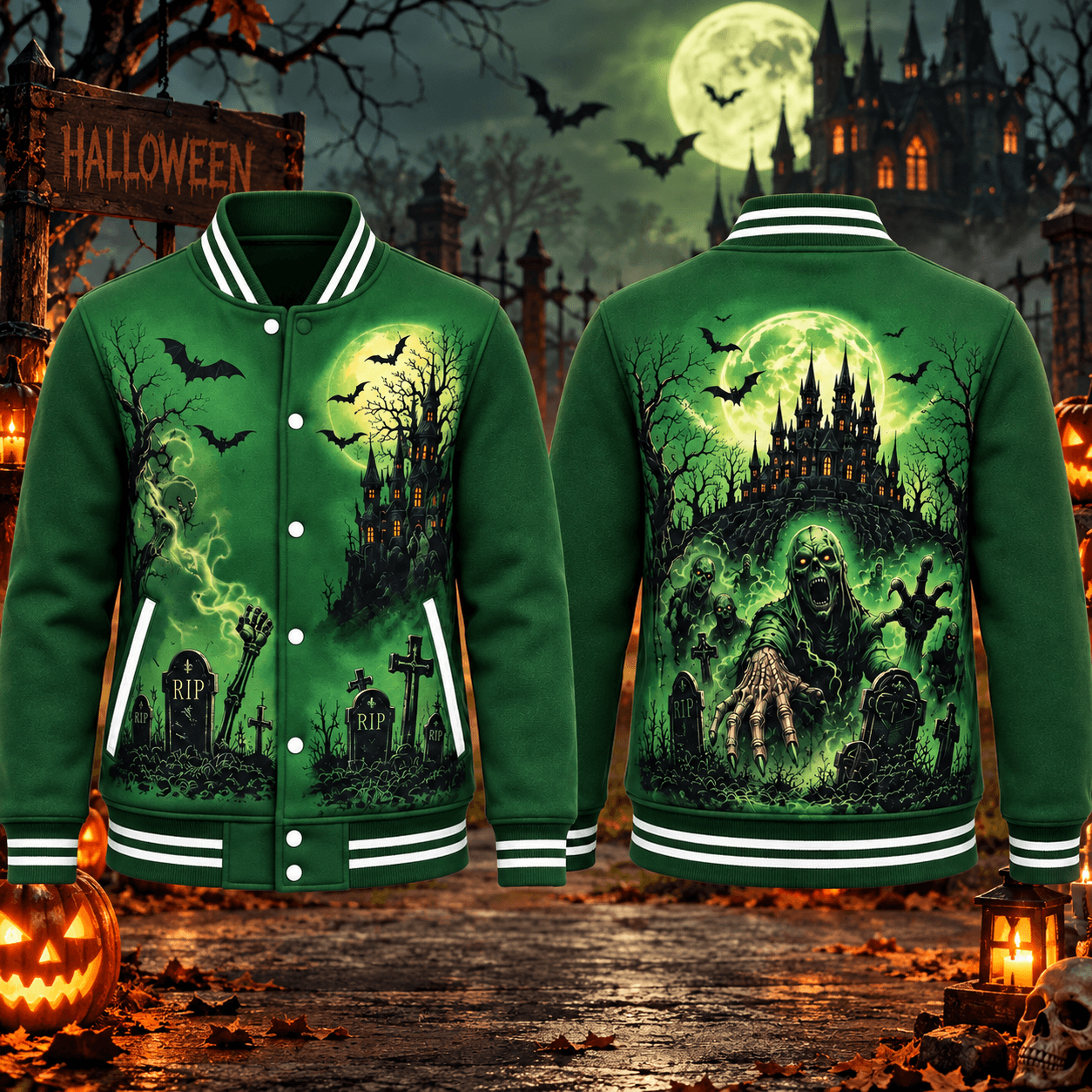 halloween zombie unisex varsity jacket, haunted graveyard castle gothic horror printed adult jacket