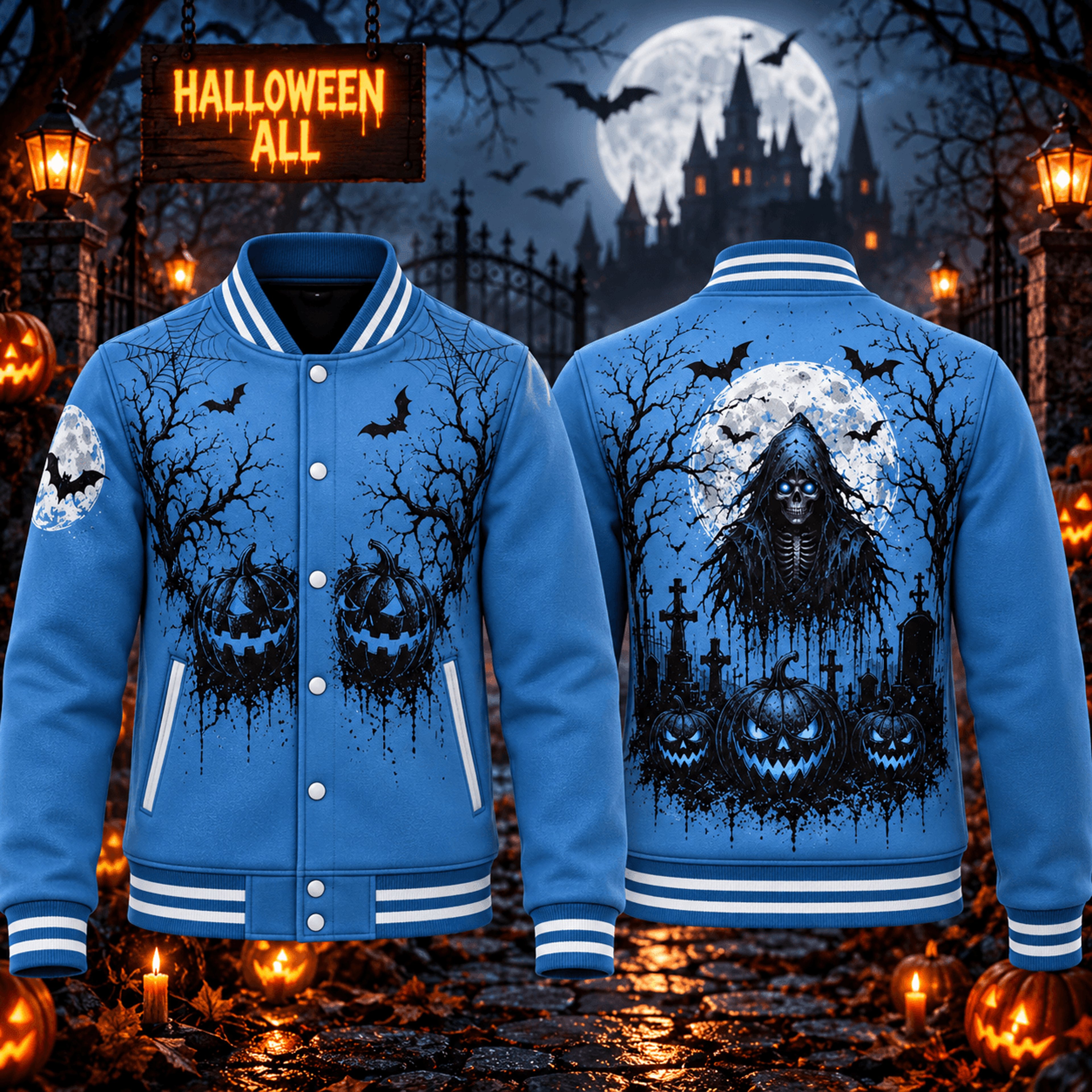 halloween grim reaper unisex varsity jacket, blue pumpkin graveyard gothic horror printed adult jacket