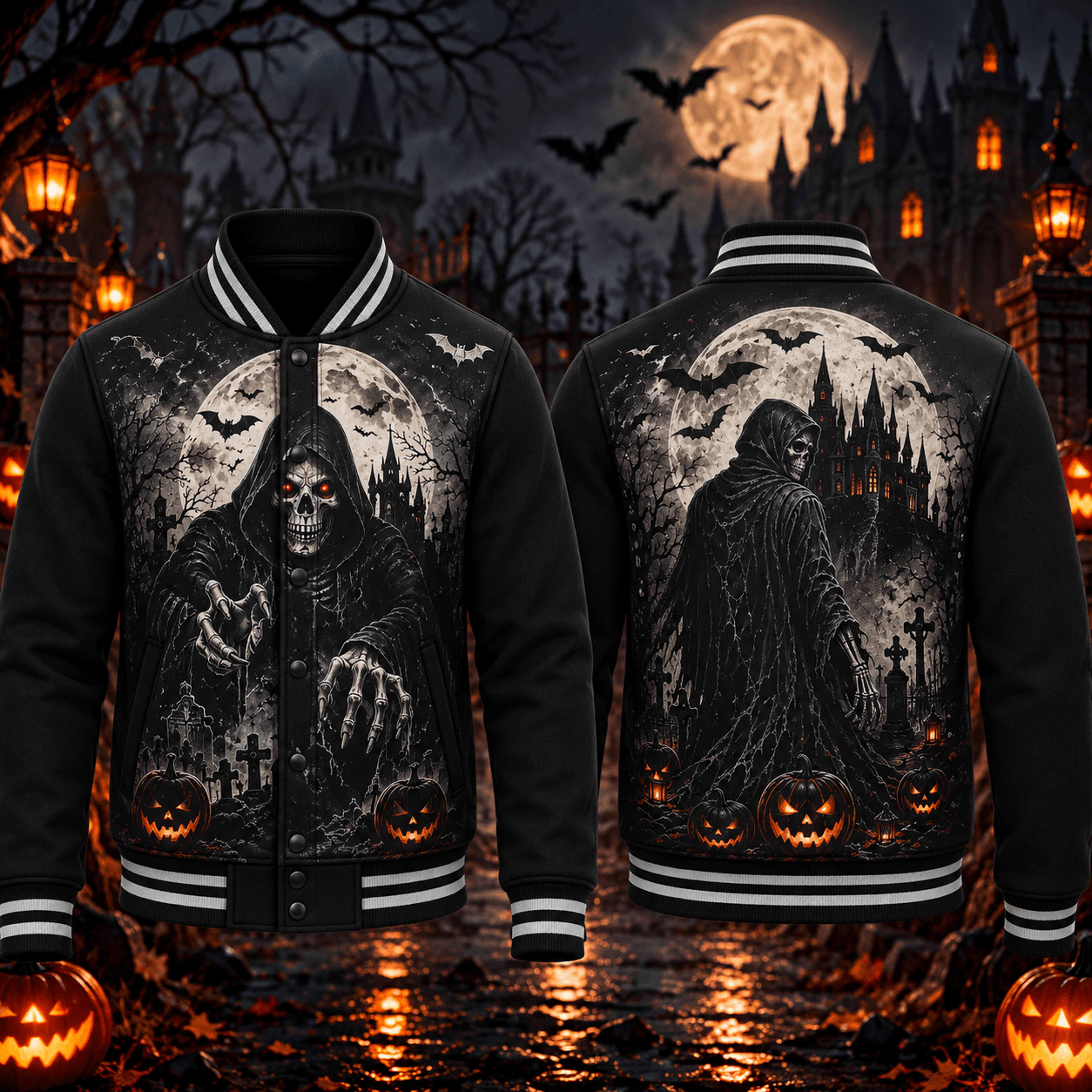 halloween grim reaper unisex varsity jacket, haunted graveyard pumpkin gothic horror printed adult jacket