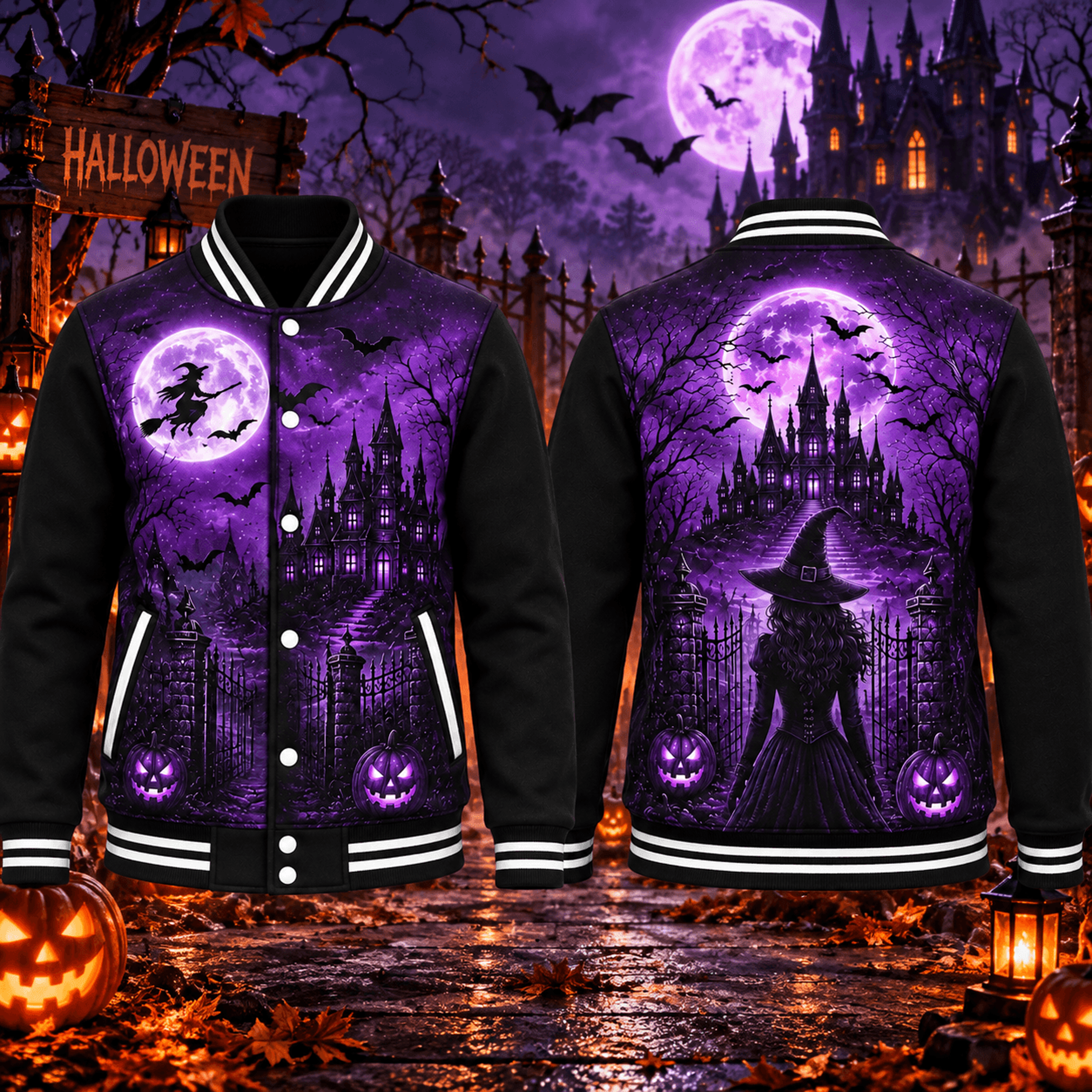 halloween witch unisex varsity jacket, purple haunted castle moon pumpkin gothic printed adult jacket