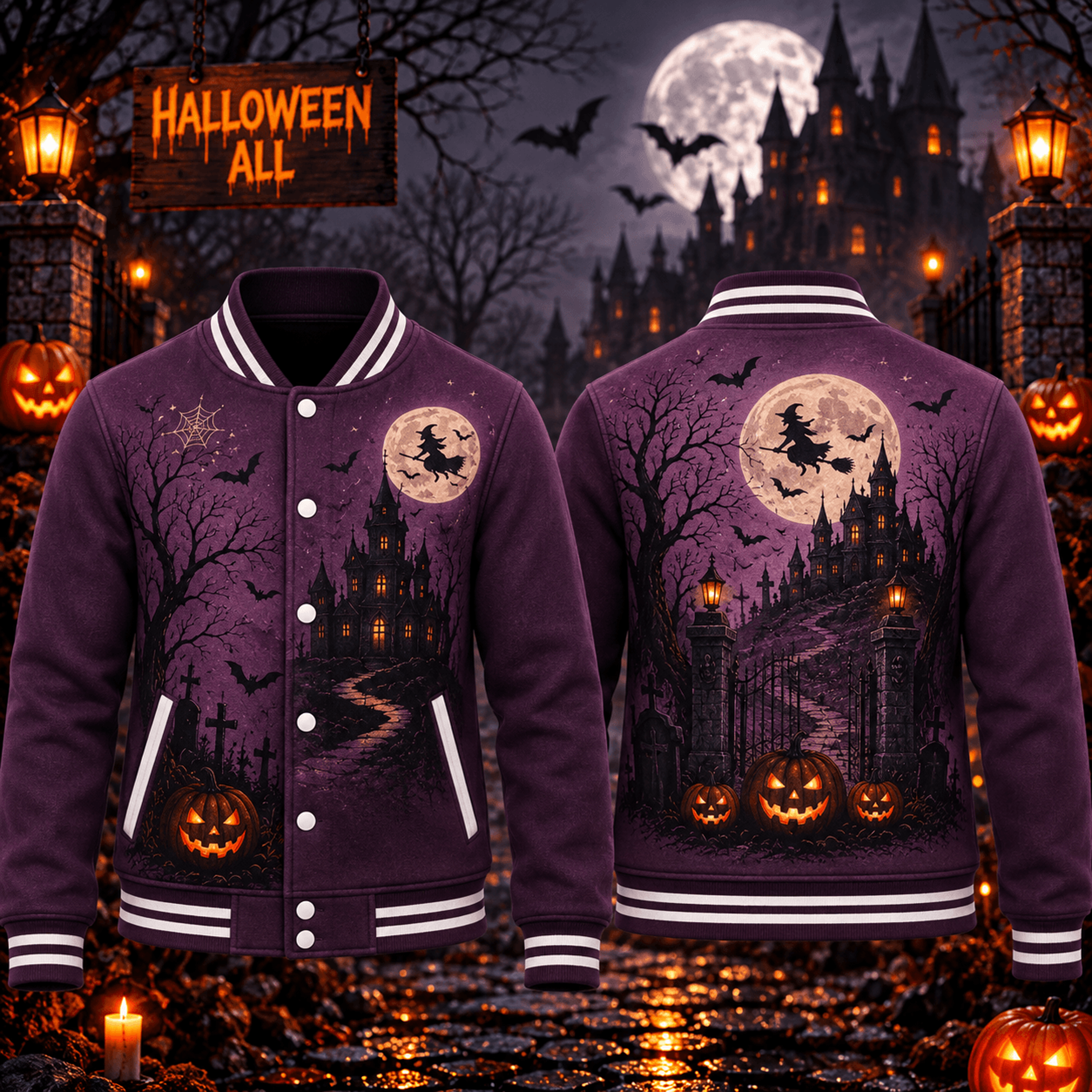halloween witch haunted castle unisex varsity jacket, purple moon pumpkin gothic printed adult jacket