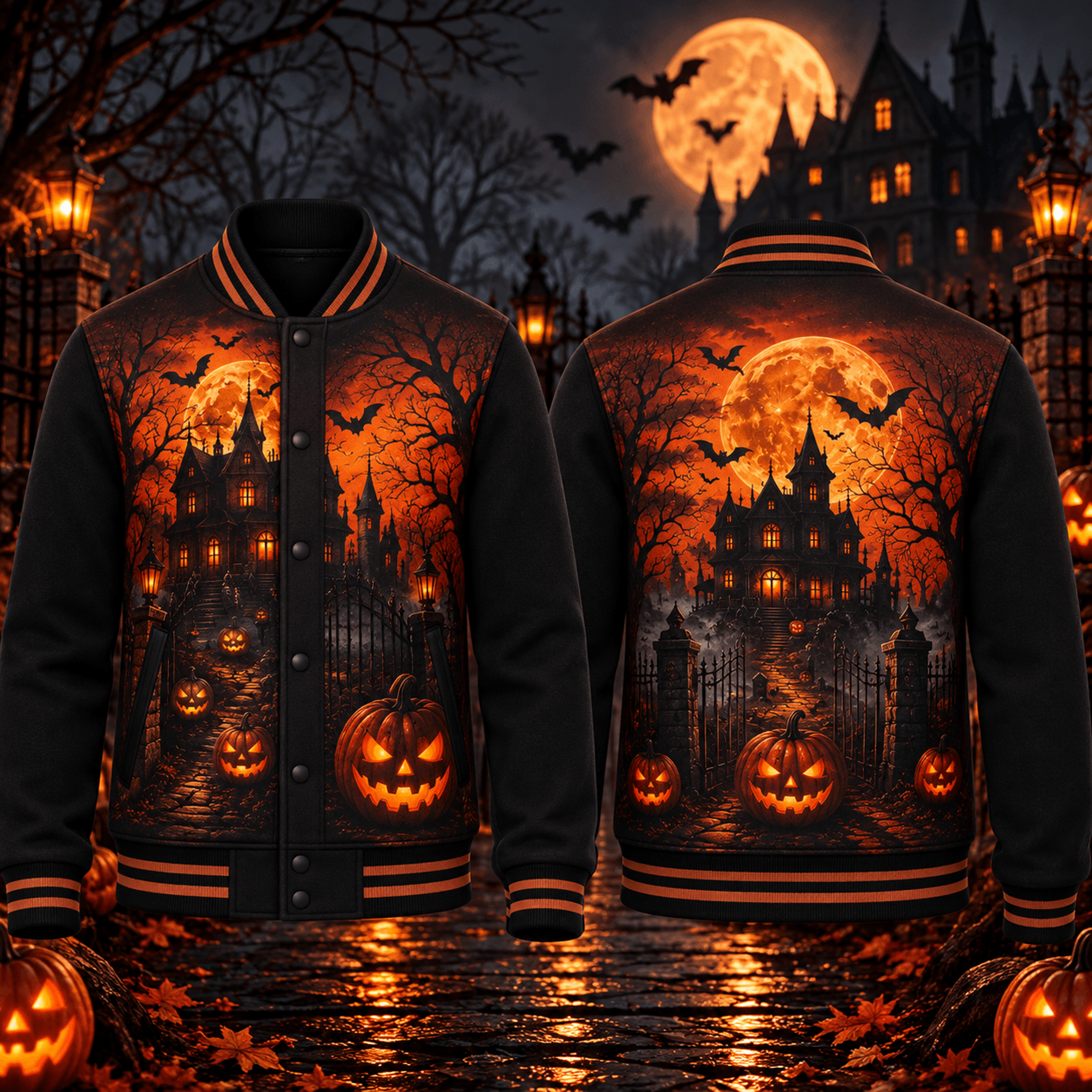 halloween haunted house unisex varsity jacket, orange moon pumpkin gothic horror printed adult jacket