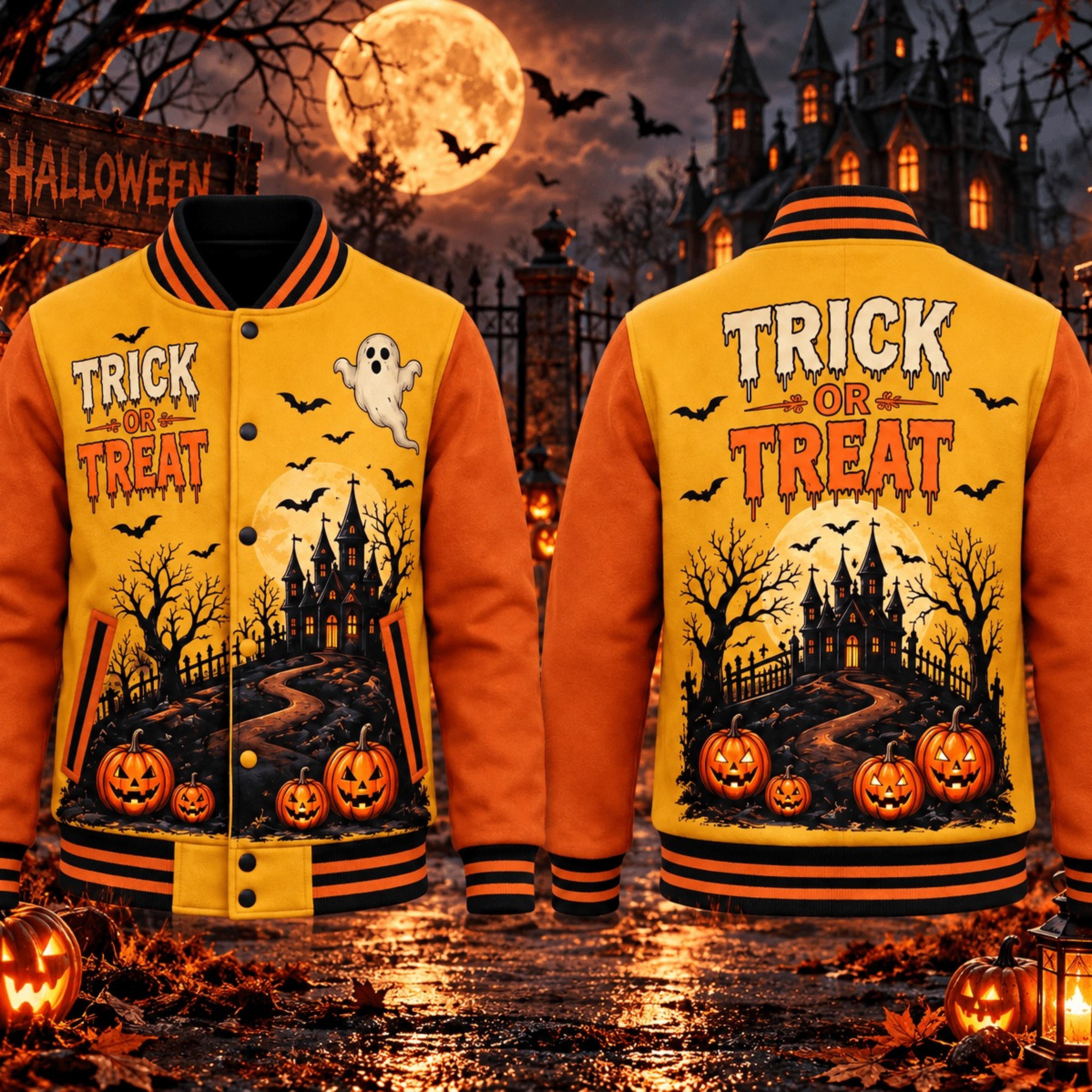 halloween trick or treat unisex varsity jacket, haunted house ghost pumpkin printed adult spooky jacket