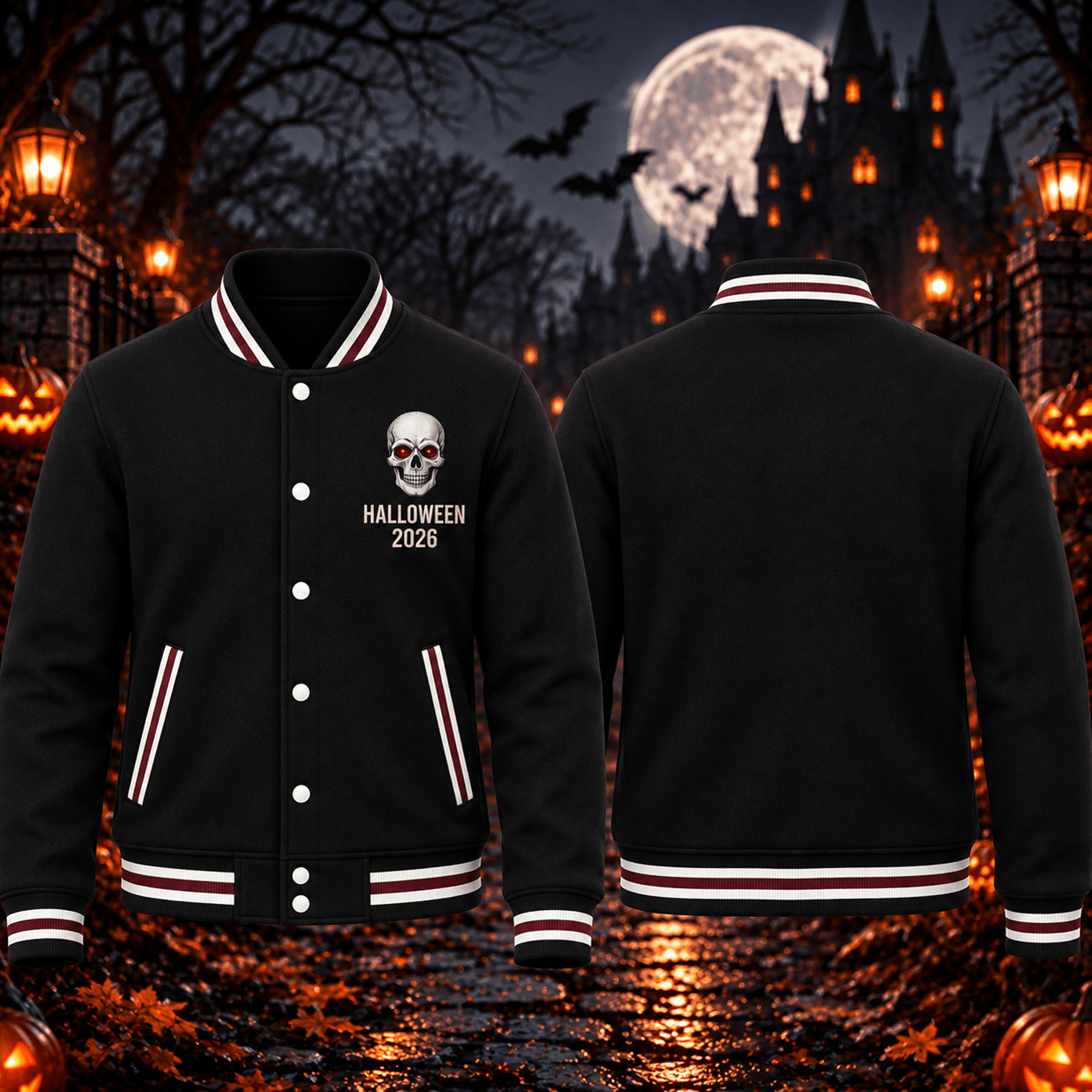 personalized halloween 2026 skull unisex varsity jacket, custom year printed adult spooky black jacket