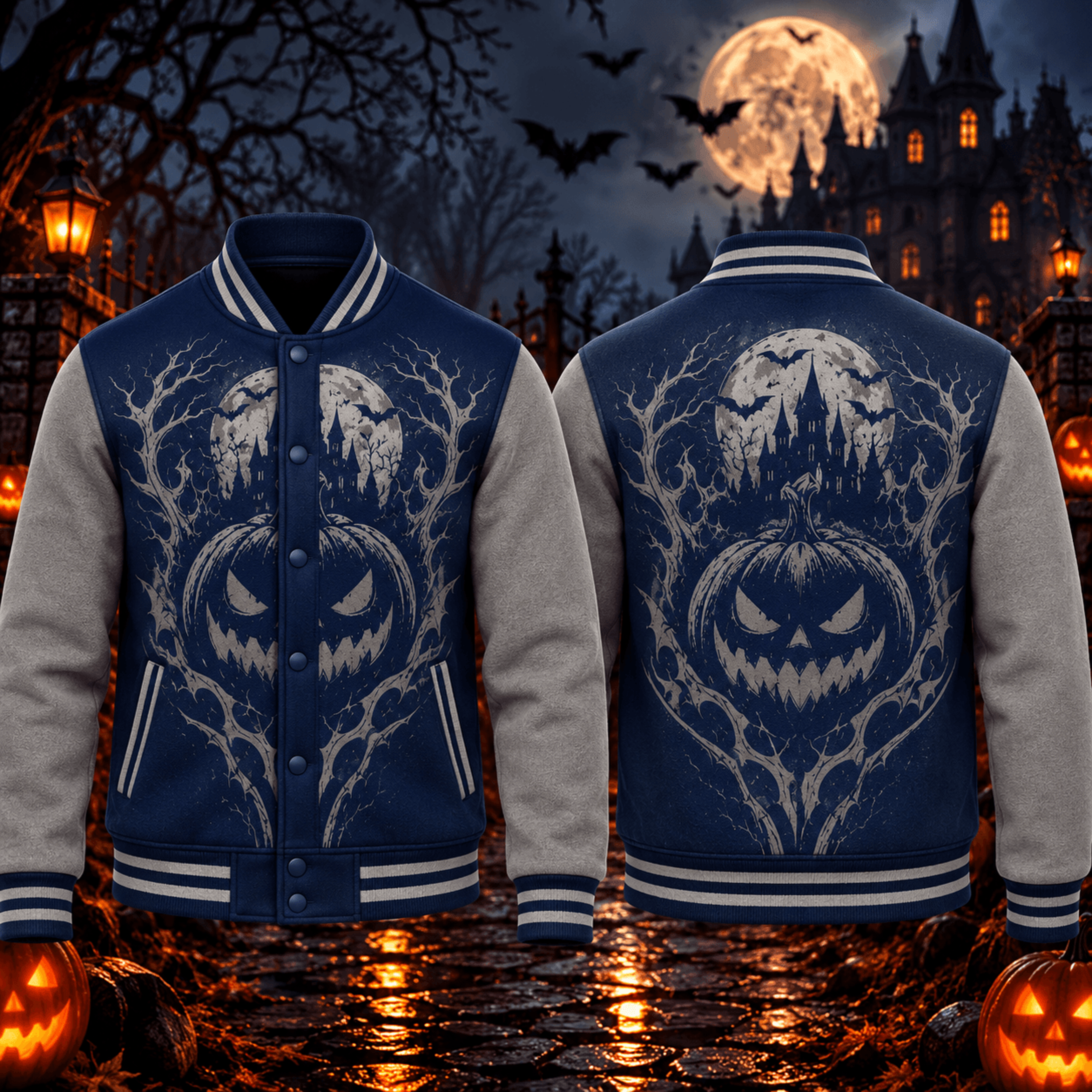 halloween evil pumpkin unisex varsity jacket, haunted castle moon gothic printed adult spooky jacket