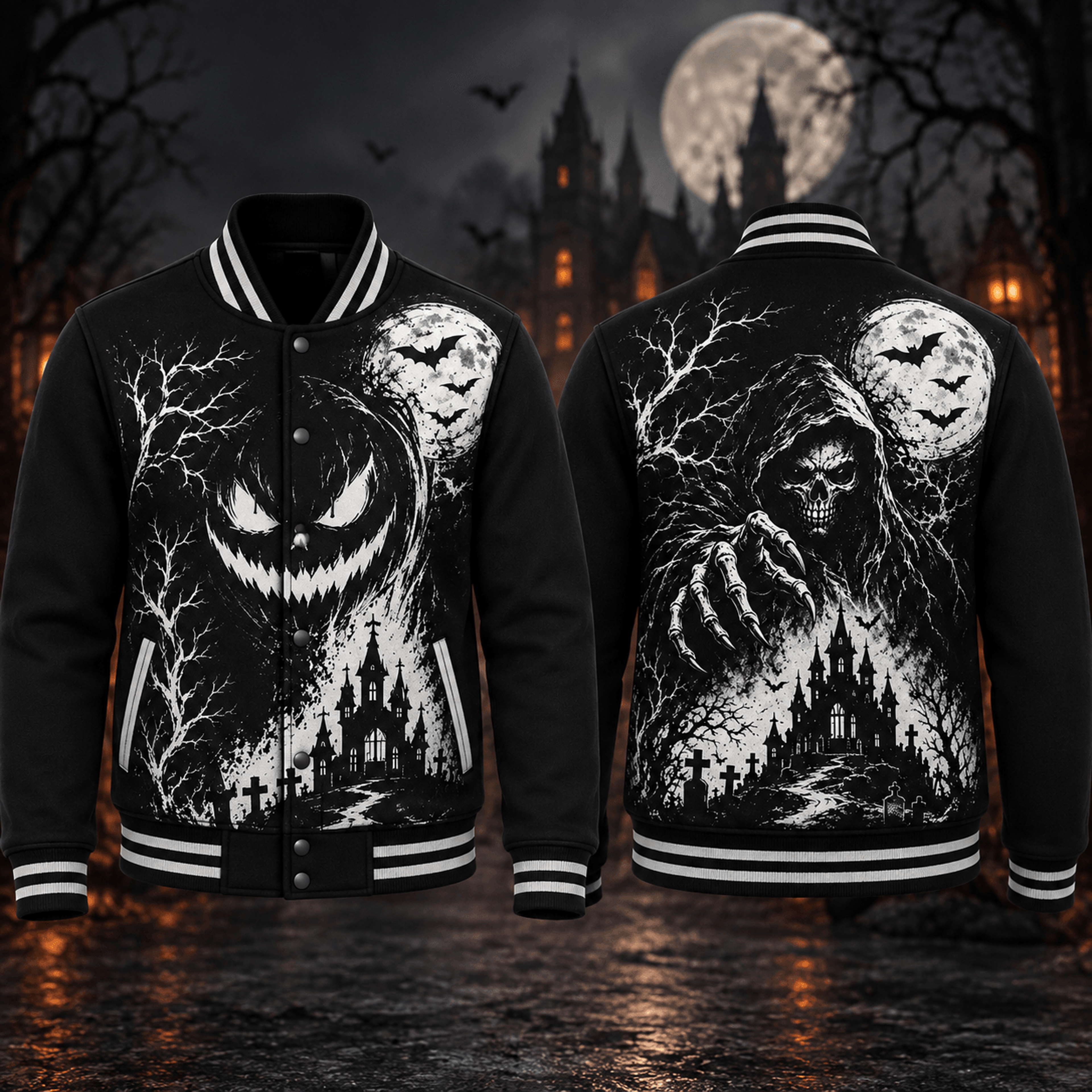 halloween grim reaper unisex varsity jacket, evil pumpkin haunted castle moon printed adult gothic jacket