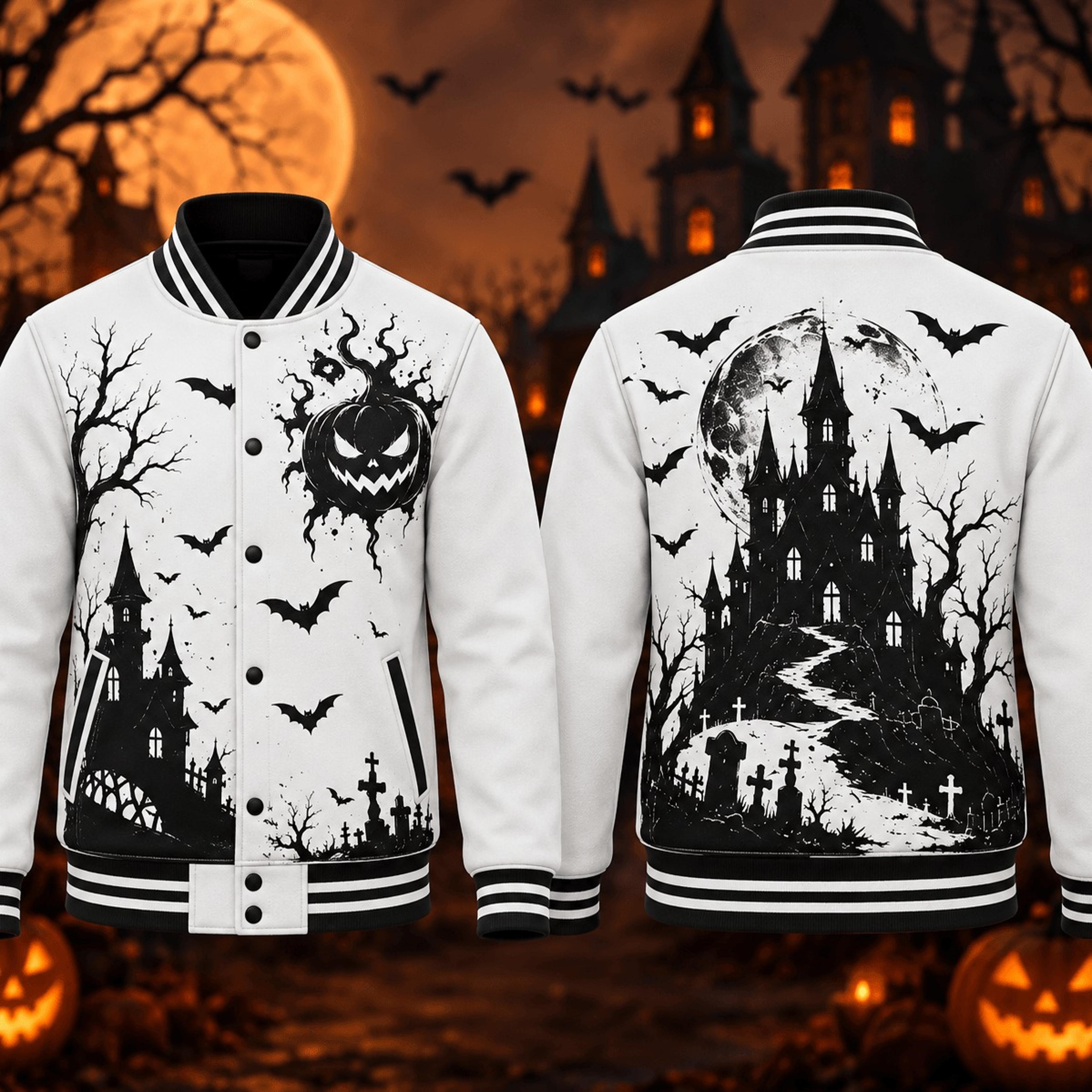 halloween haunted castle unisex varsity jacket, evil pumpkin bats moon printed adult gothic spooky jacket