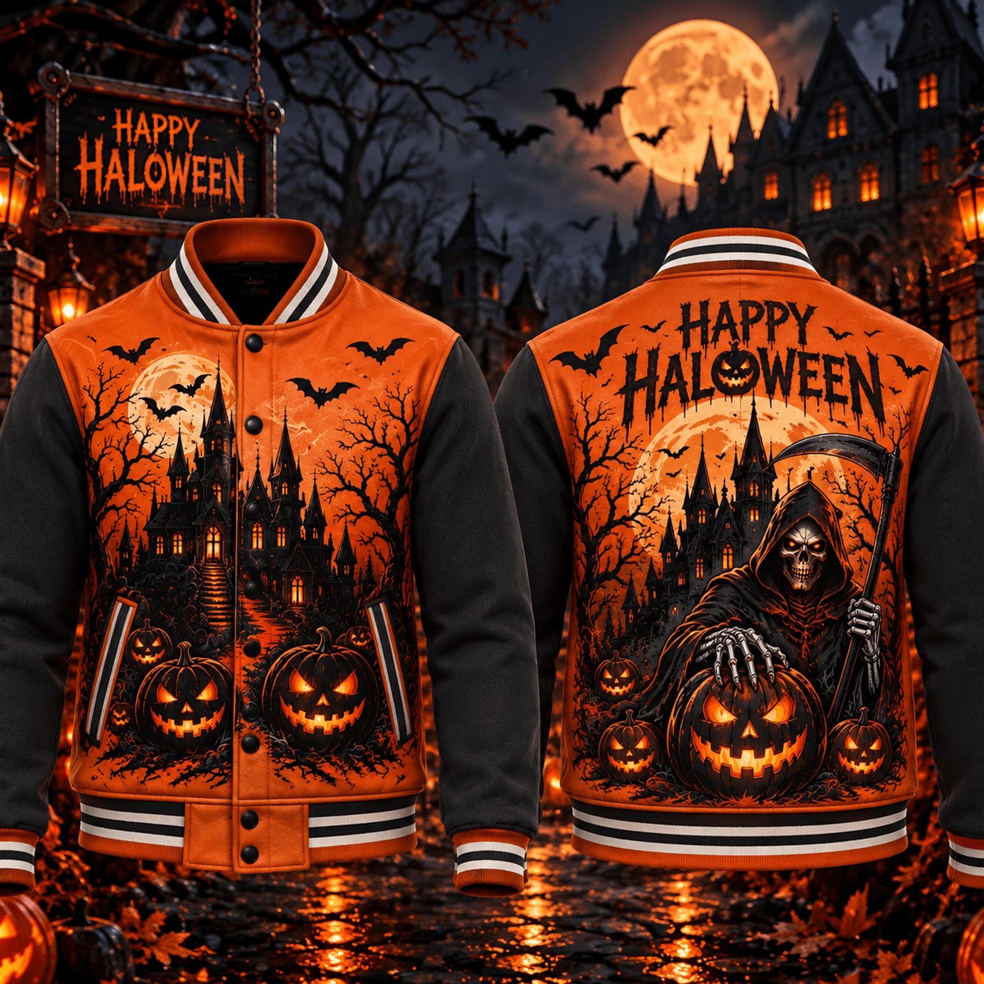 halloween grim reaper unisex varsity jacket, haunted castle pumpkin horror printed adult halloween jacket