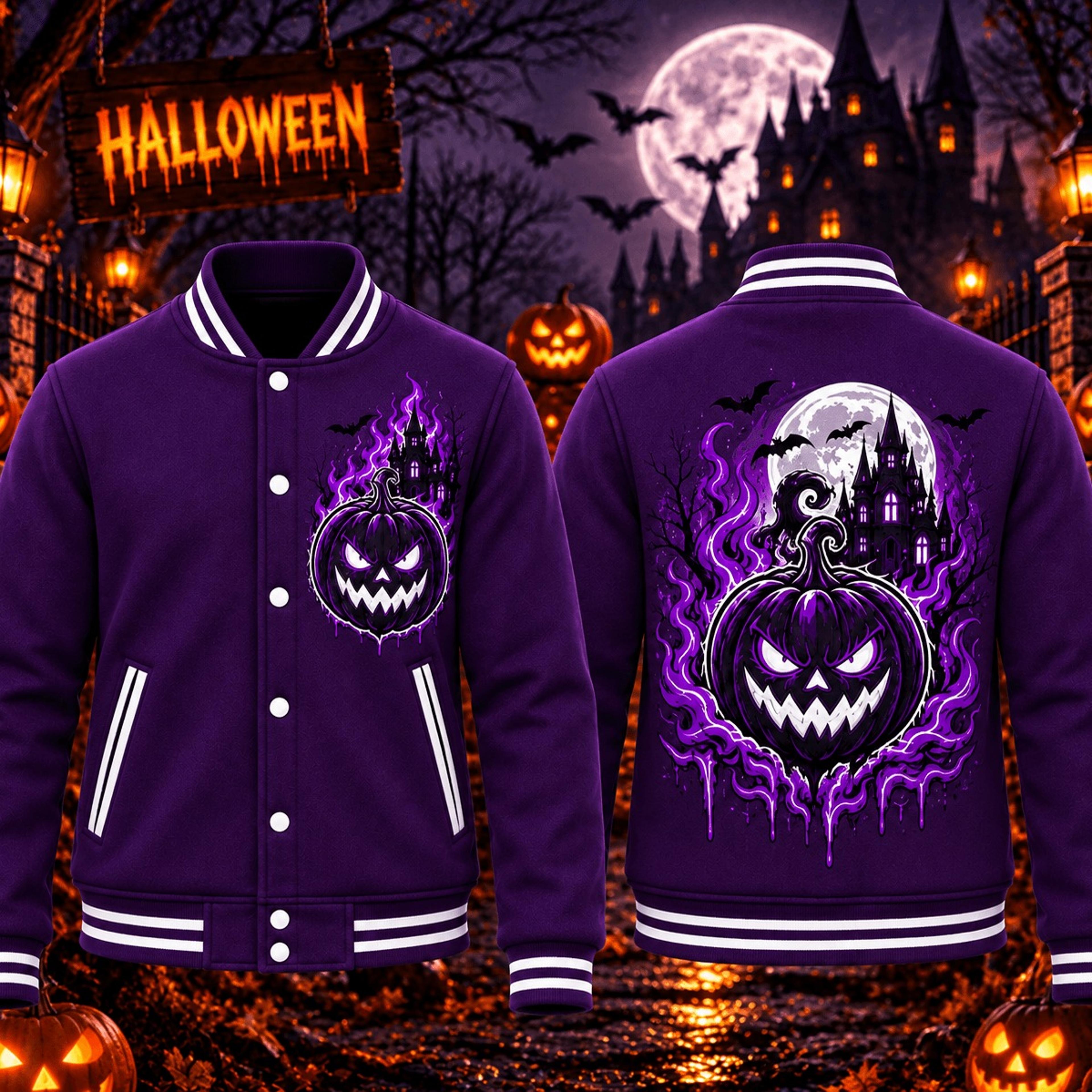 halloween purple pumpkin unisex varsity jacket, haunted castle bat jack o lantern gothic printed adult jacket