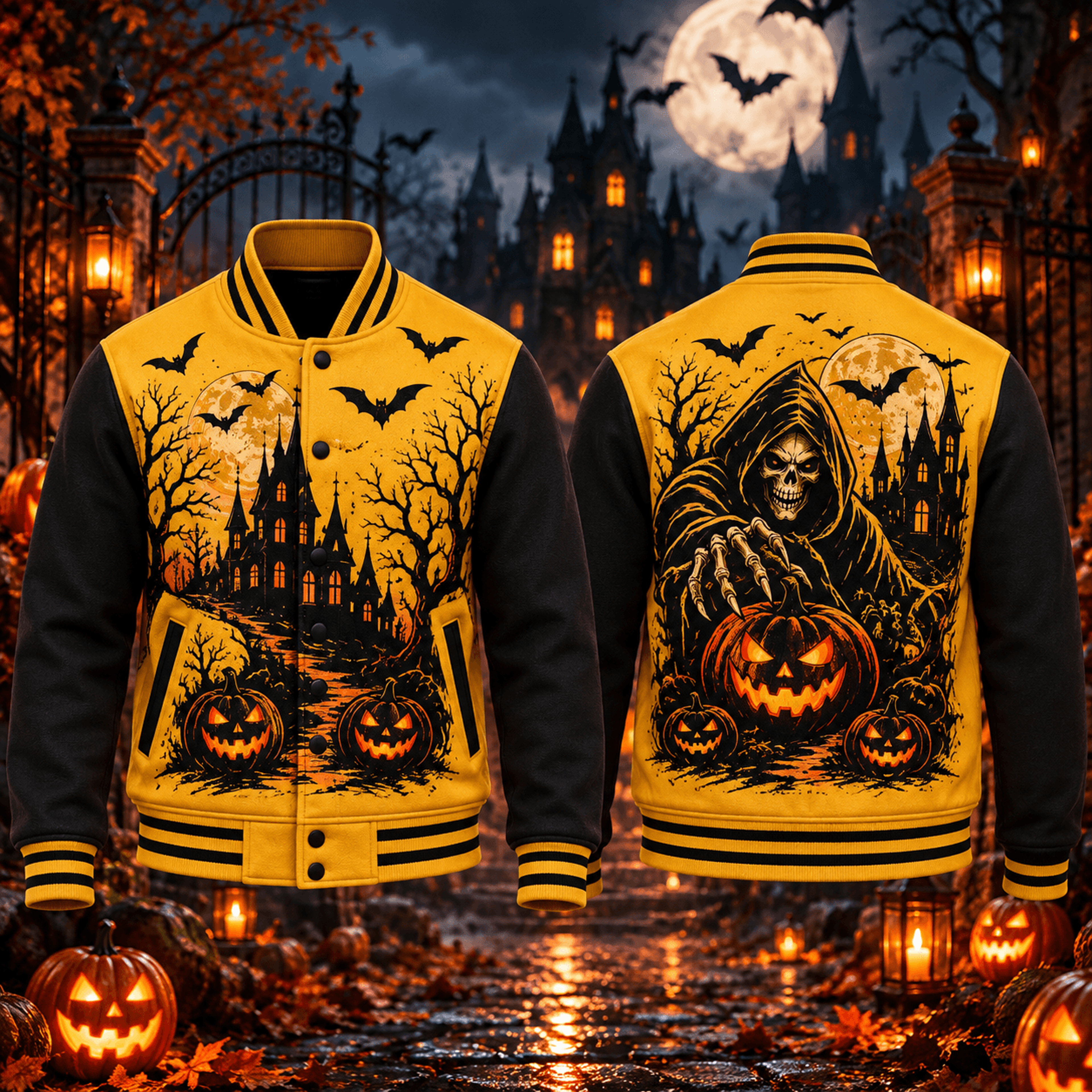 halloween grim reaper unisex varsity jacket, haunted castle pumpkin gothic horror printed adult jacket