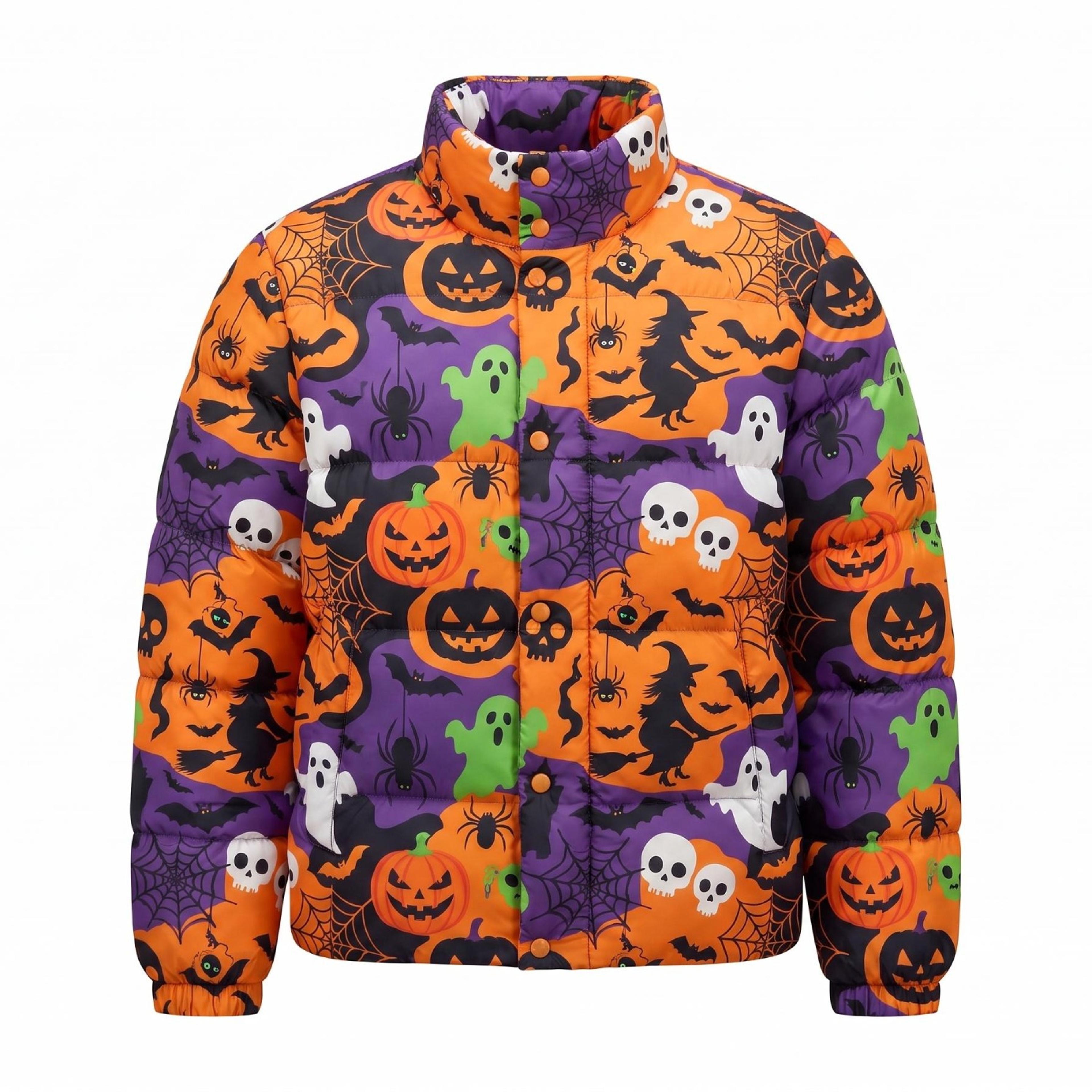 halloween pumpkin ghost unisex puffer jacket, witch spider bat spooky printed adult halloween jacket
