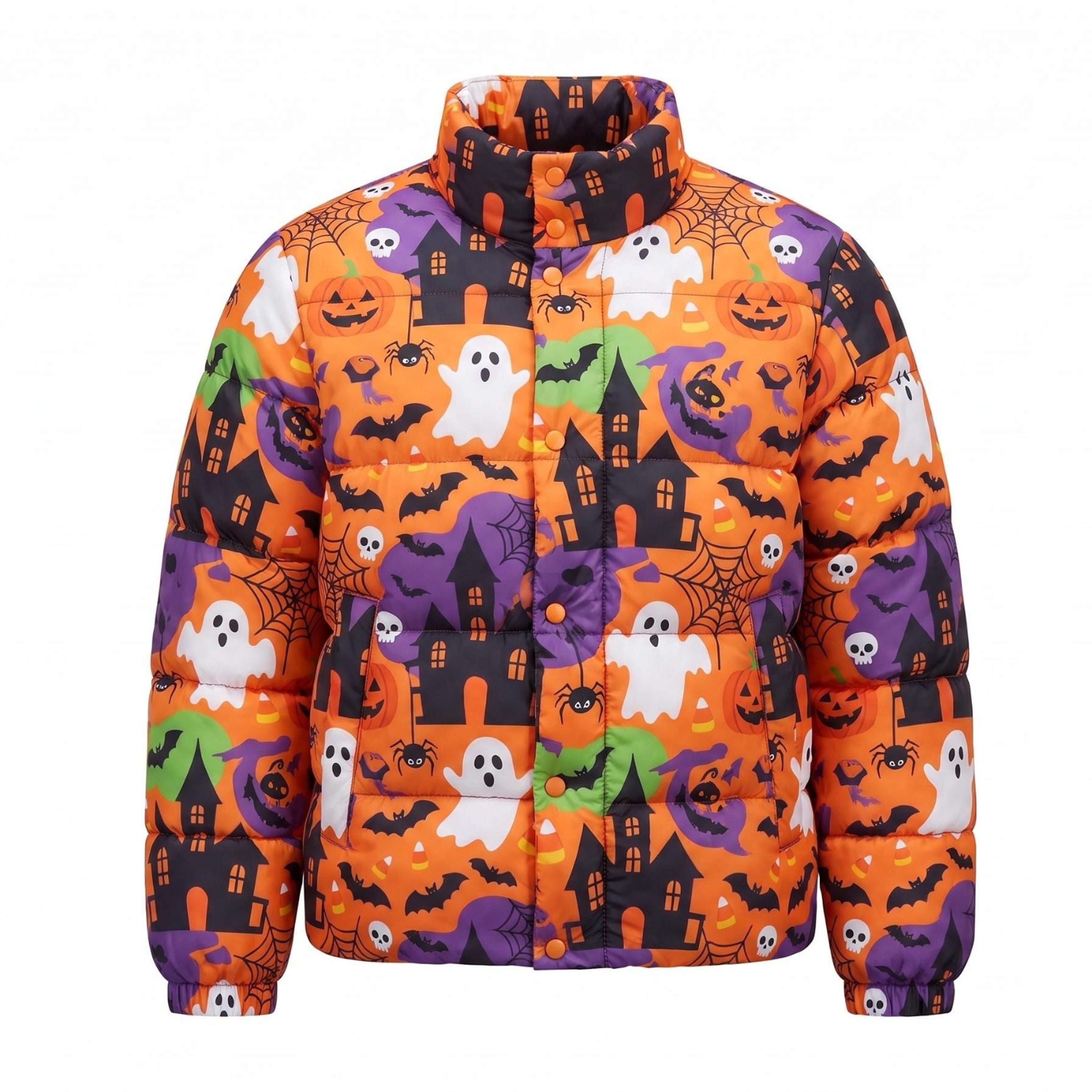 halloween puffer jacket, unisex adult ghost pumpkin print coat, spooky haunted house bat fall outerwear