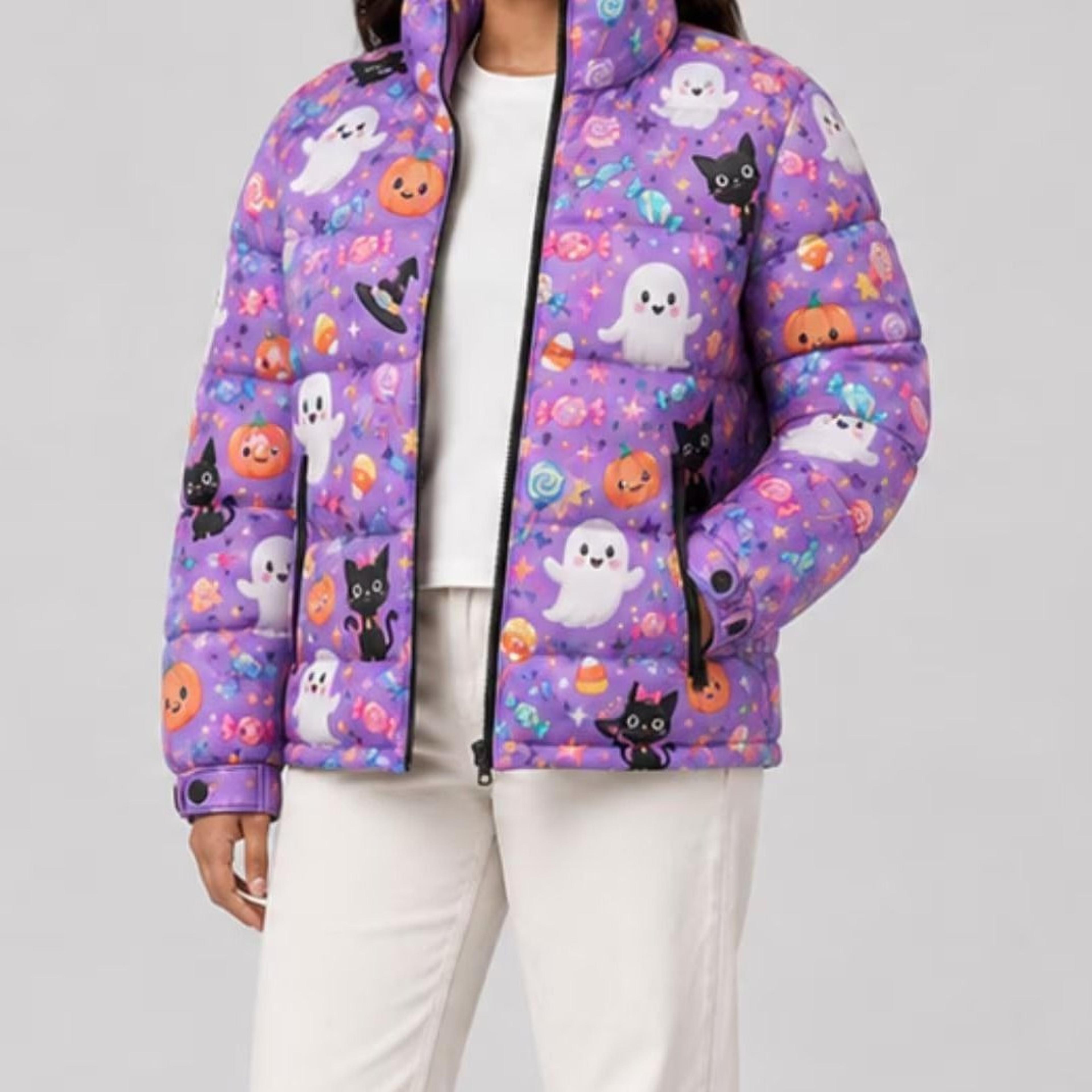 halloween puffer jacket for women quilted winter outerwear spooky printed streetwear holiday gift