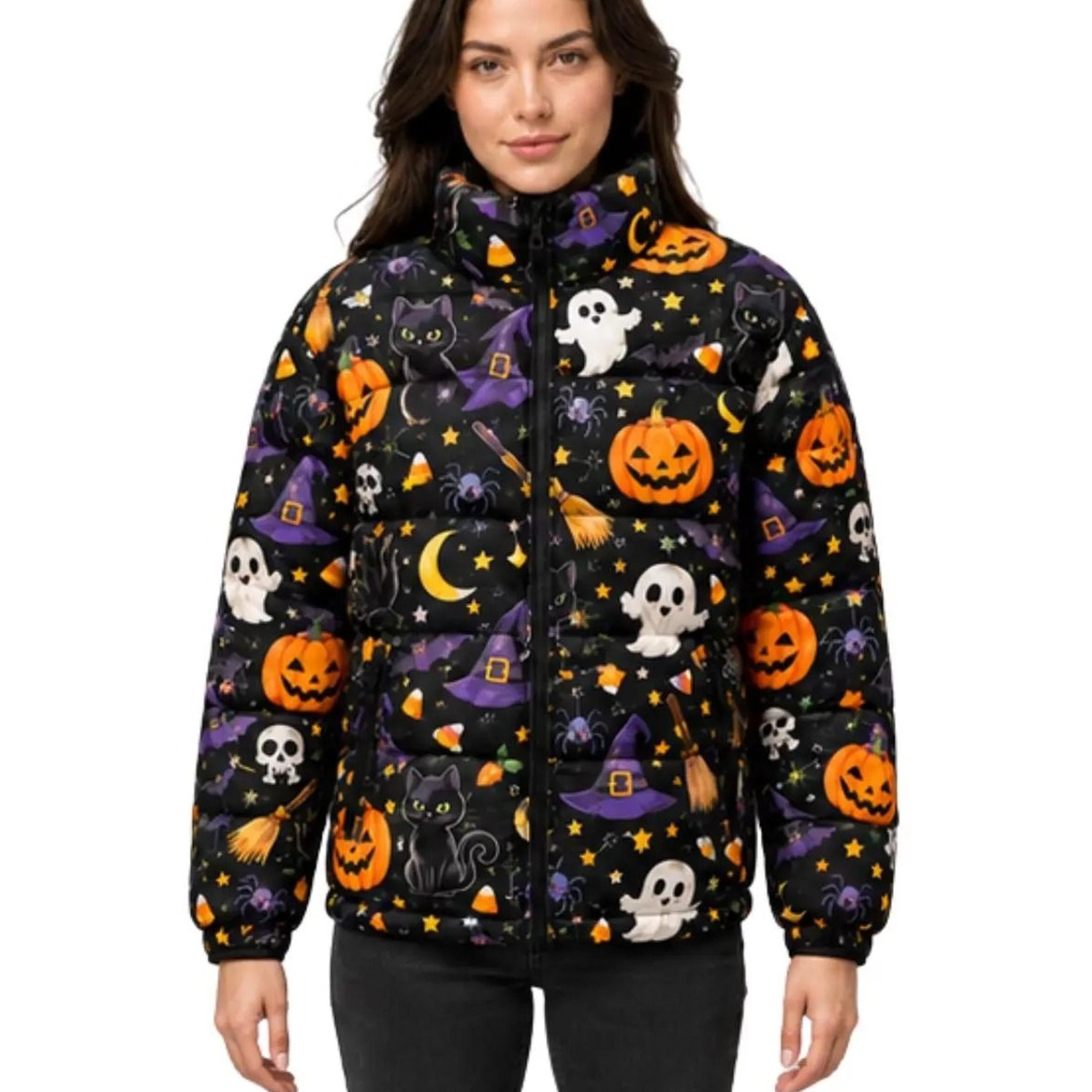 gothic puffer jacket for mens and womens, cat pumpkin ghost quilted jacket, spooky printed winter outerwear, unisex fall