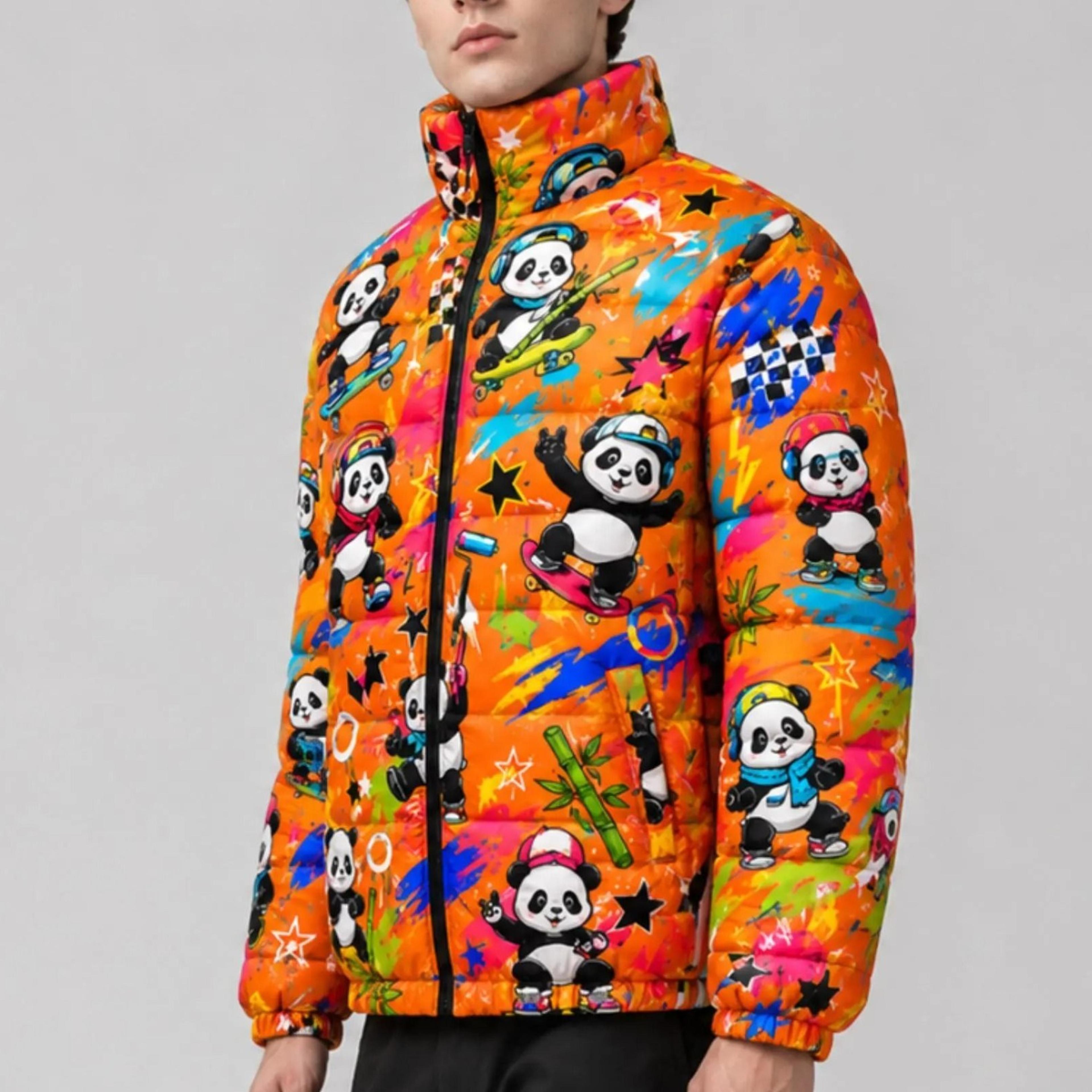 custom puffer jacket, orange spooky graphic coat for men & women, printed quilted winter outerwear, unisex streetwear