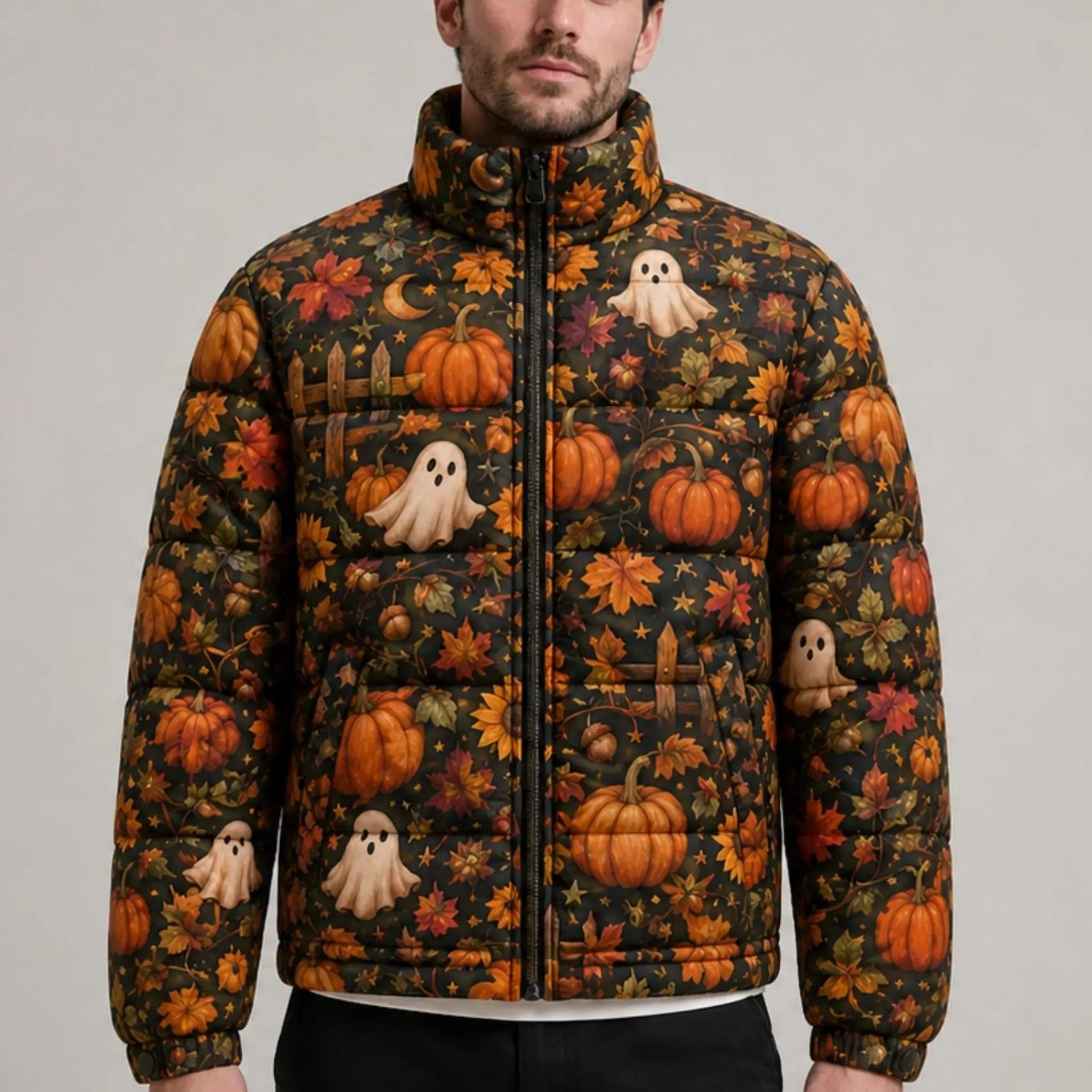spooky halloween puffer jacket pumpkin ghost jacket printed quilted winter coat unisex outerwear for men and women