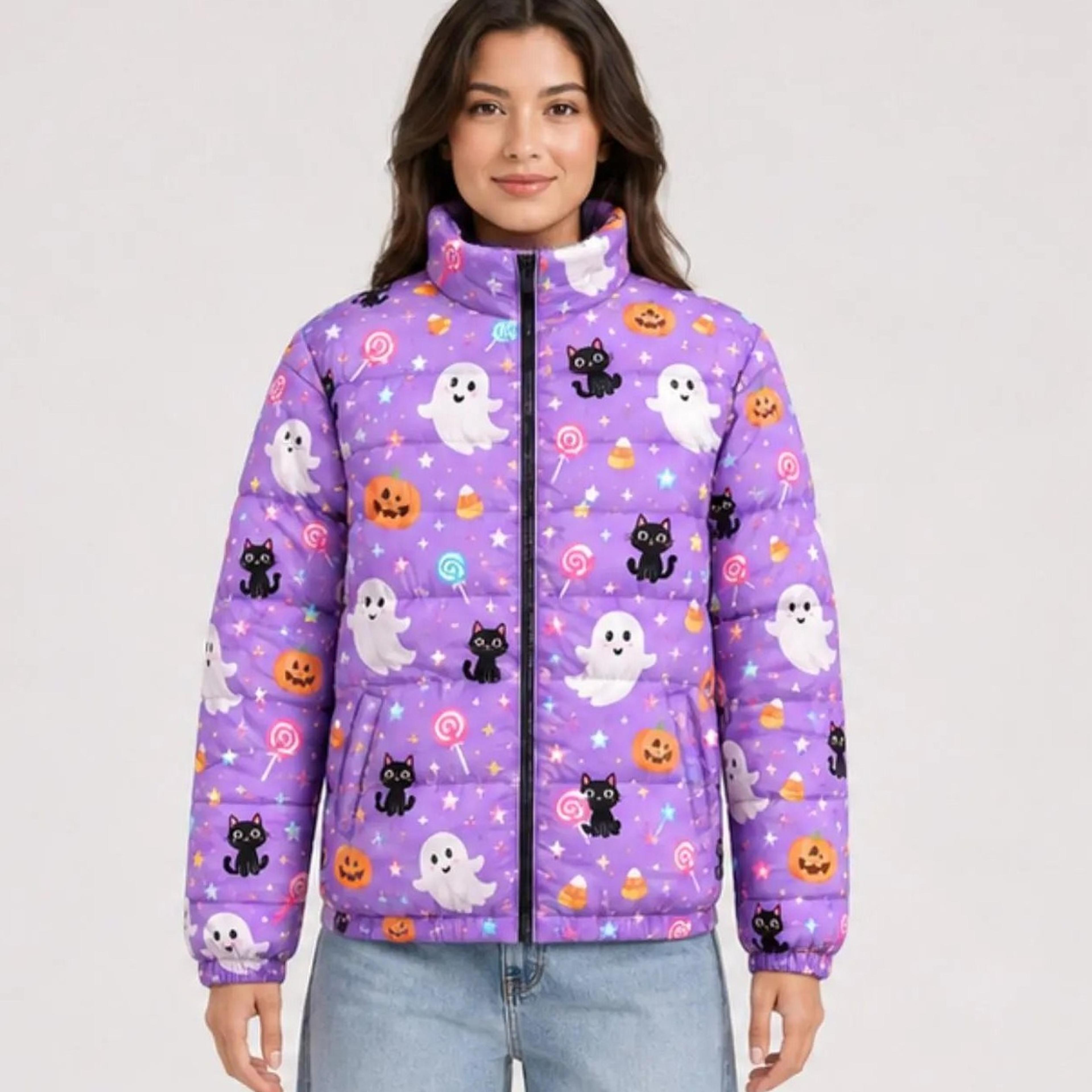halloween puffer jacket ghost pumpkin cat print quilted winter jacket cute spooky full zip streetwear unisex outerwear
