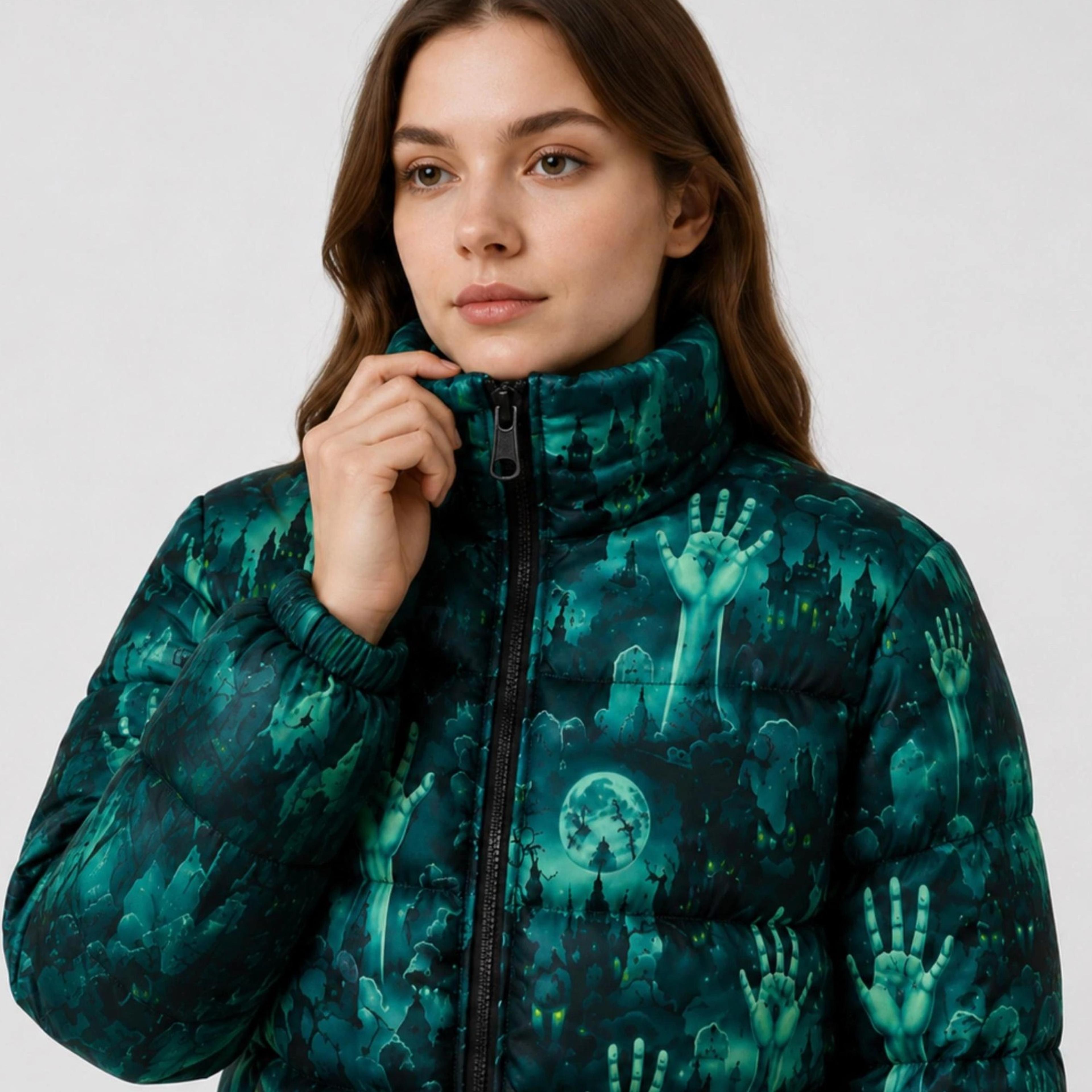 halloween puffer jacket, haunted hand graphic quilted winter jacket, gothic insulated jacket, unisex spooky outerwear,