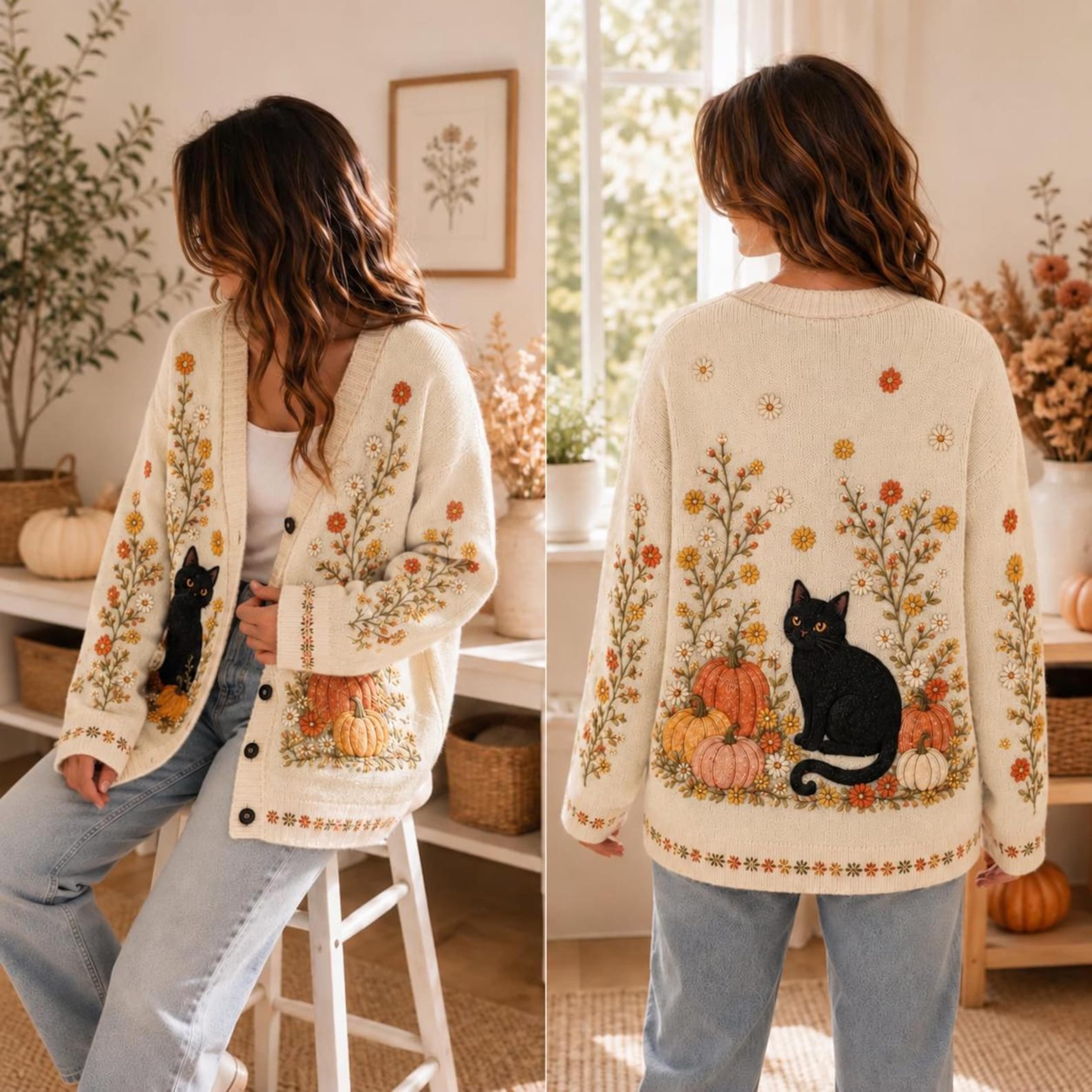 autumn black cat cardigan, unisex adult pumpkin floral cardigan, fall daisy cottagecore sweater, cozy halloween cardigan